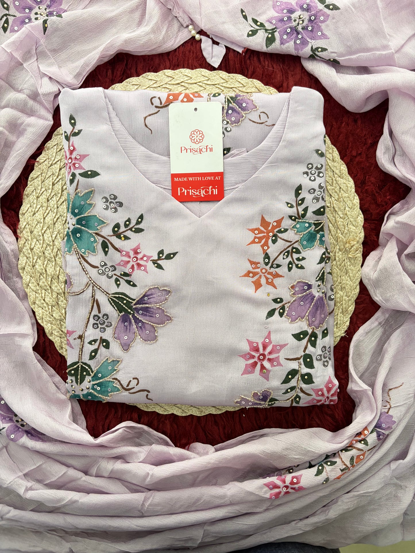 Lavender Embroidered A-Line Ethnic Kurta Set with Dupatta & Pants