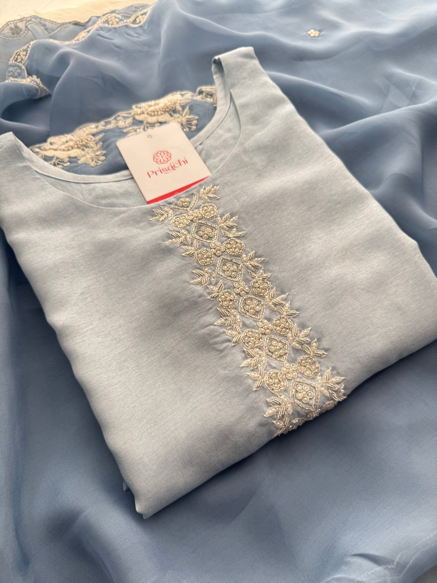 Ombre Sky Blue Thread Embroidered Ethnic Kurta Set for Women with Pants & Dupatta - Prisachi Official