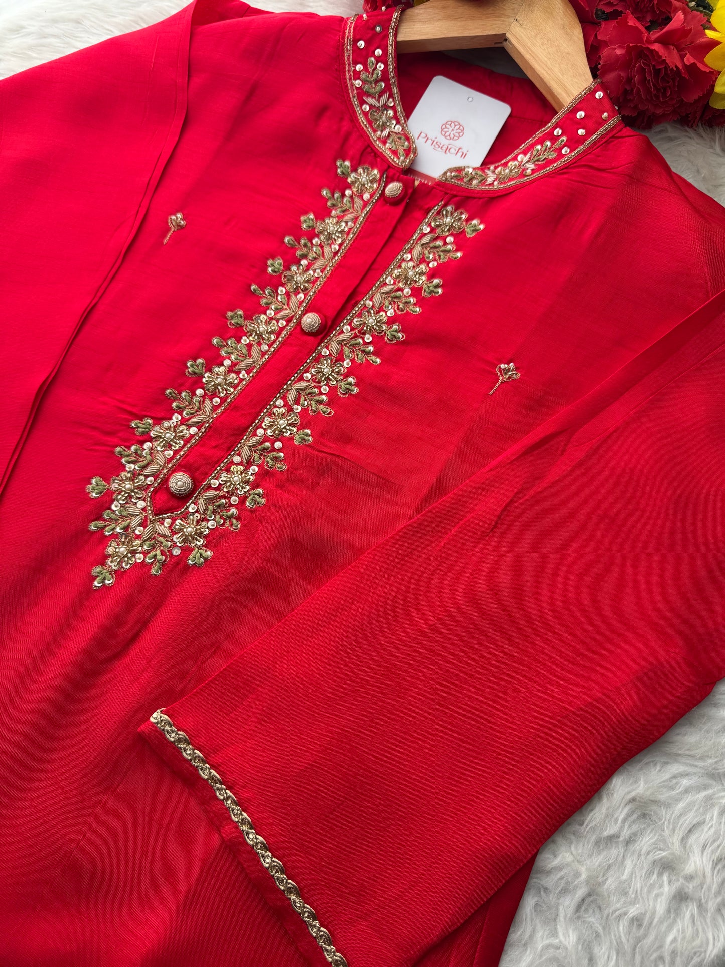 Red Embroidered Ethnic Kurta Set for Women with Pants & Dupatta