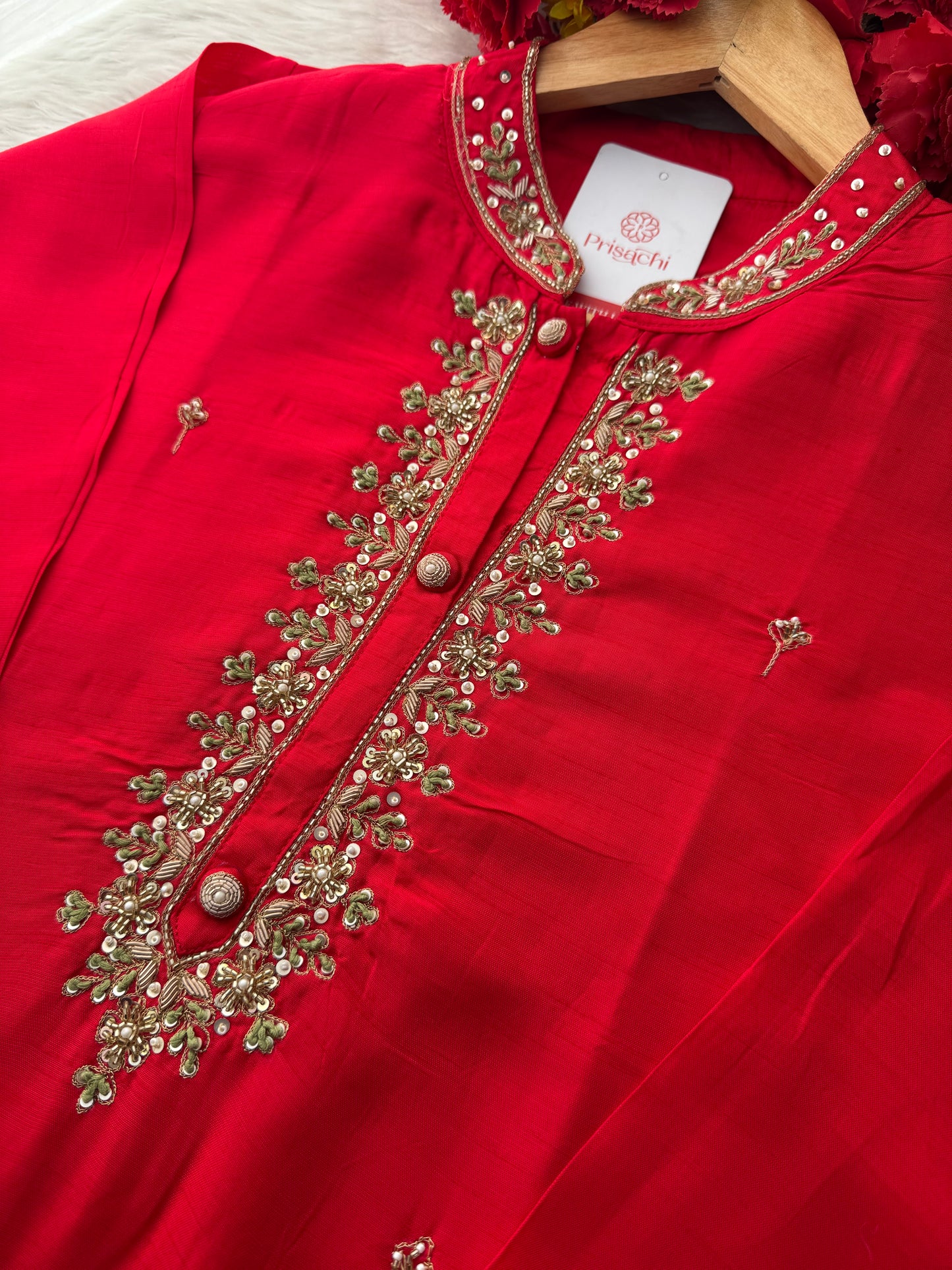 Red Embroidered Ethnic Kurta Set for Women with Pants & Dupatta