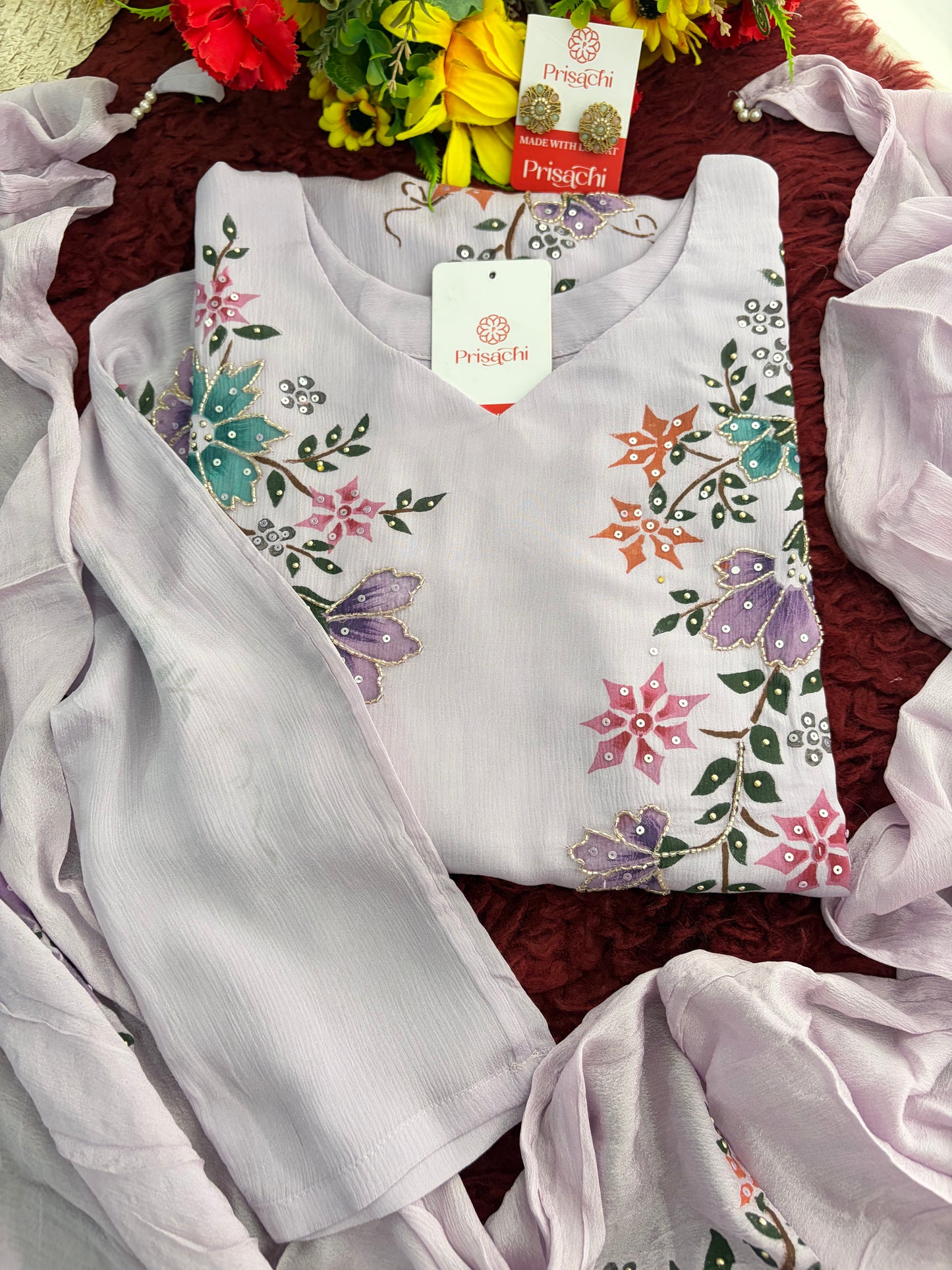 Lavender Embroidered A-Line Ethnic Kurta Set with Dupatta & Pants