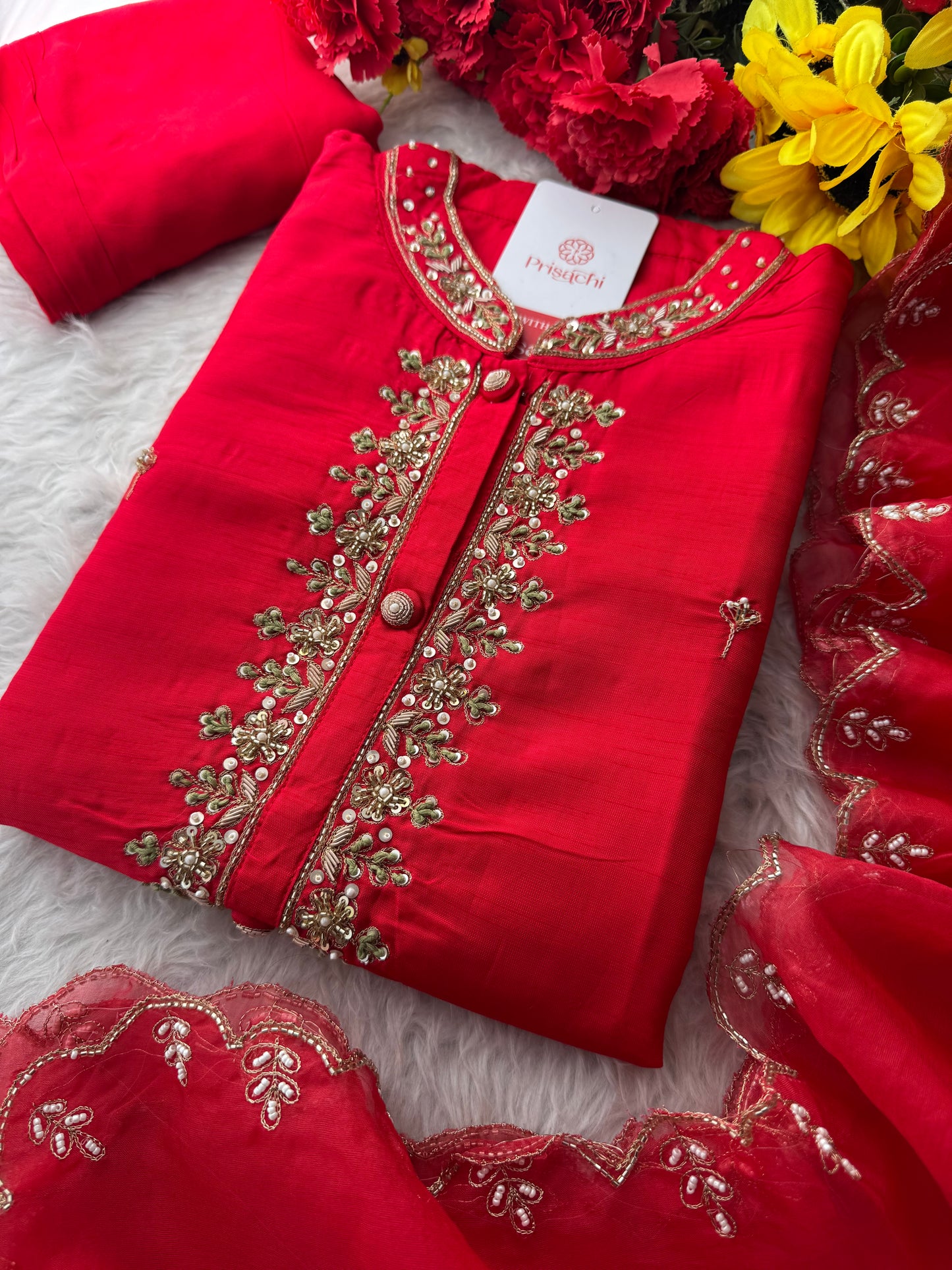 Red Embroidered Ethnic Kurta Set for Women with Pants & Dupatta