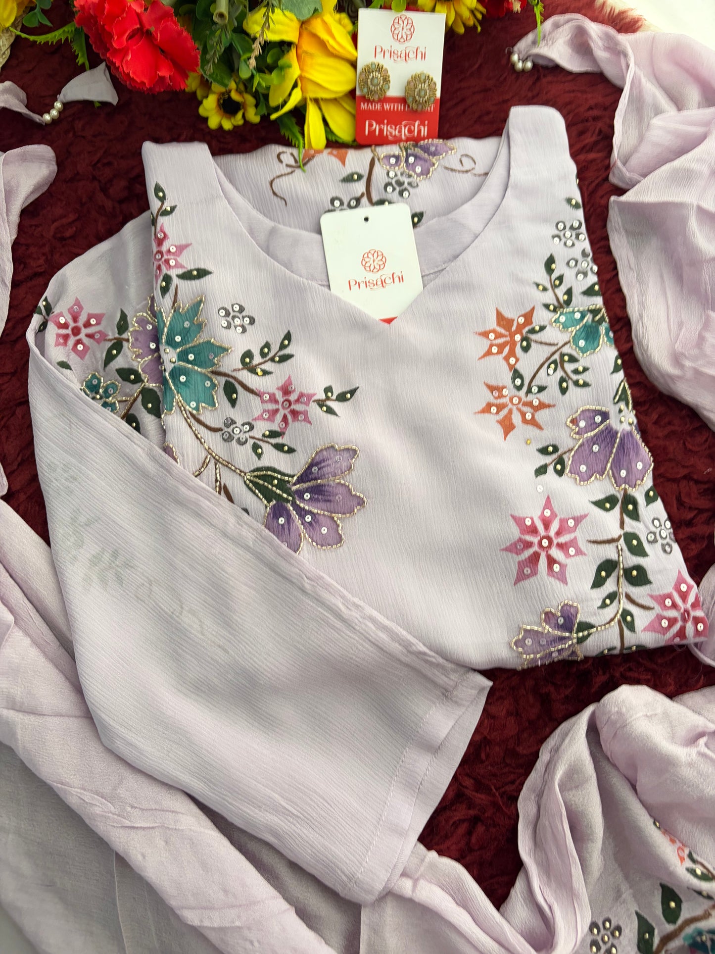 Lavender Embroidered A-Line Ethnic Kurta Set with Dupatta & Pants