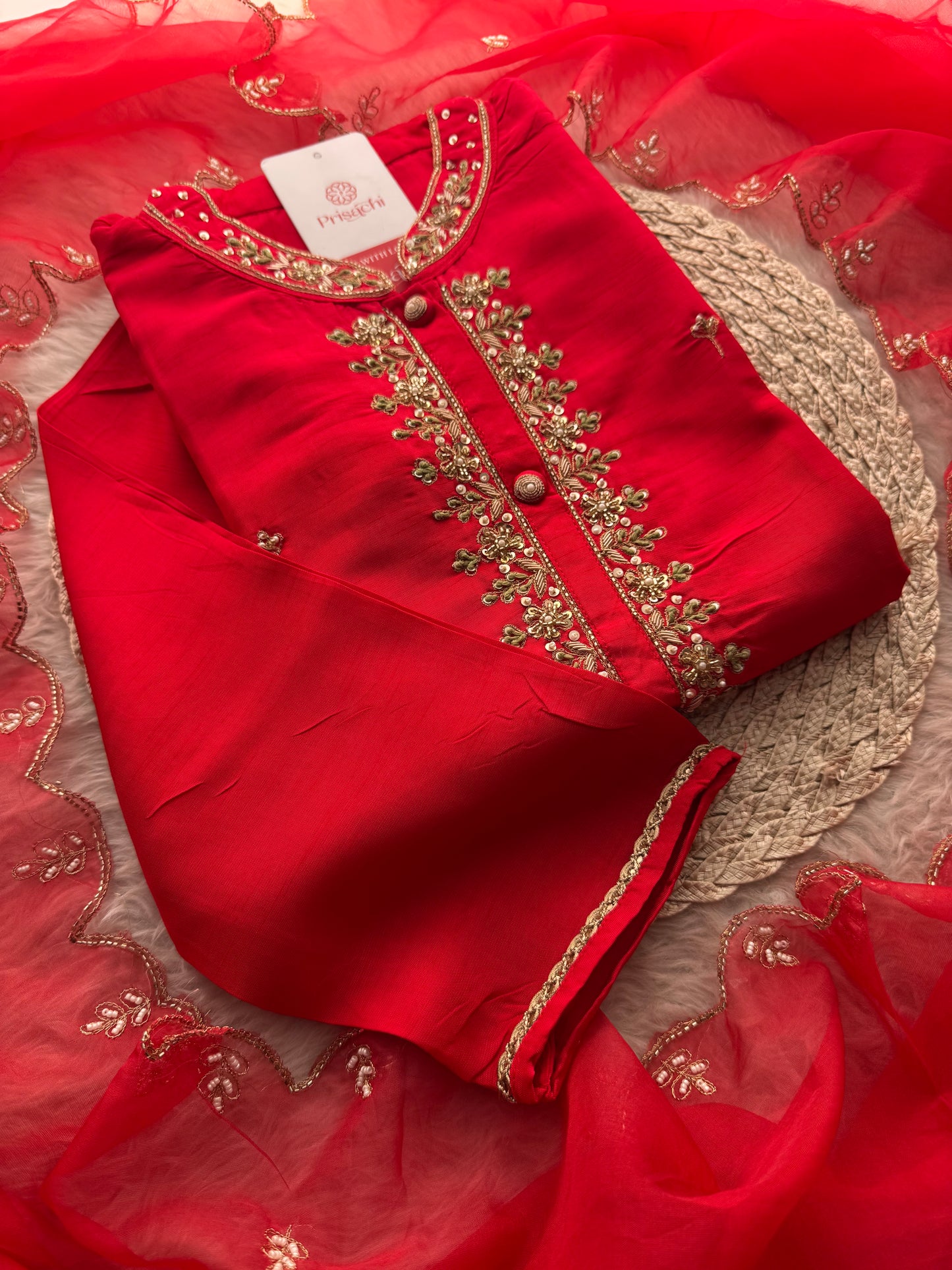 Red Embroidered Ethnic Kurta Set for Women with Pants & Dupatta