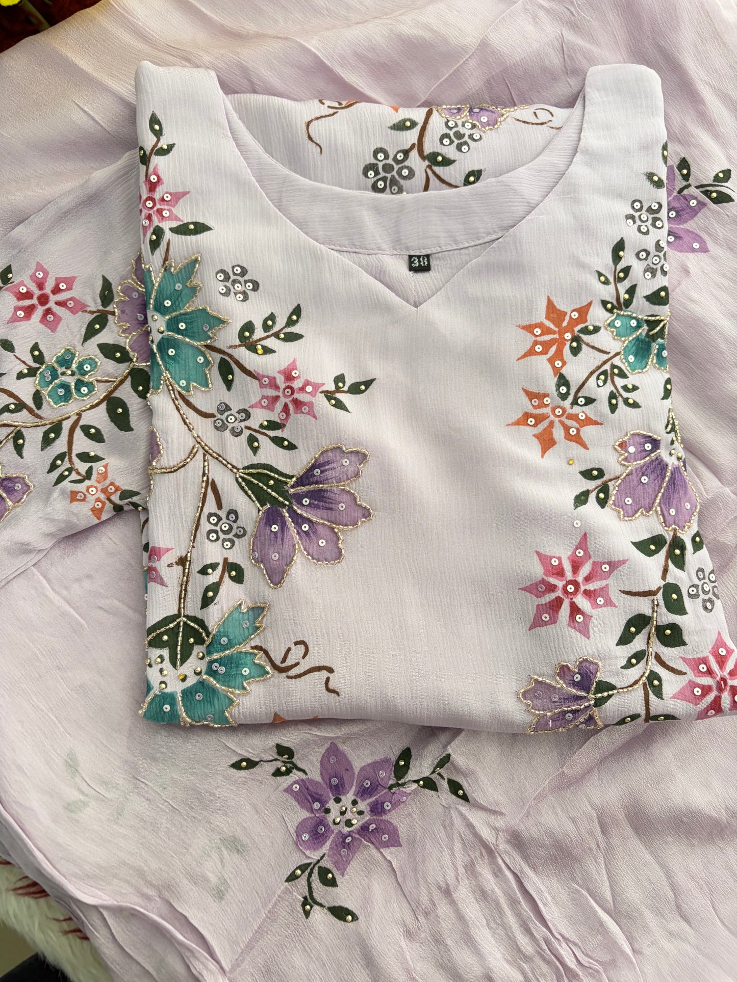 Lavender Embroidered A-Line Ethnic Kurta Set with Dupatta & Pants