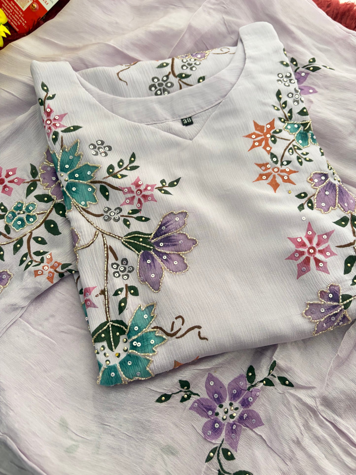 Lavender Embroidered A-Line Ethnic Kurta Set with Dupatta & Pants