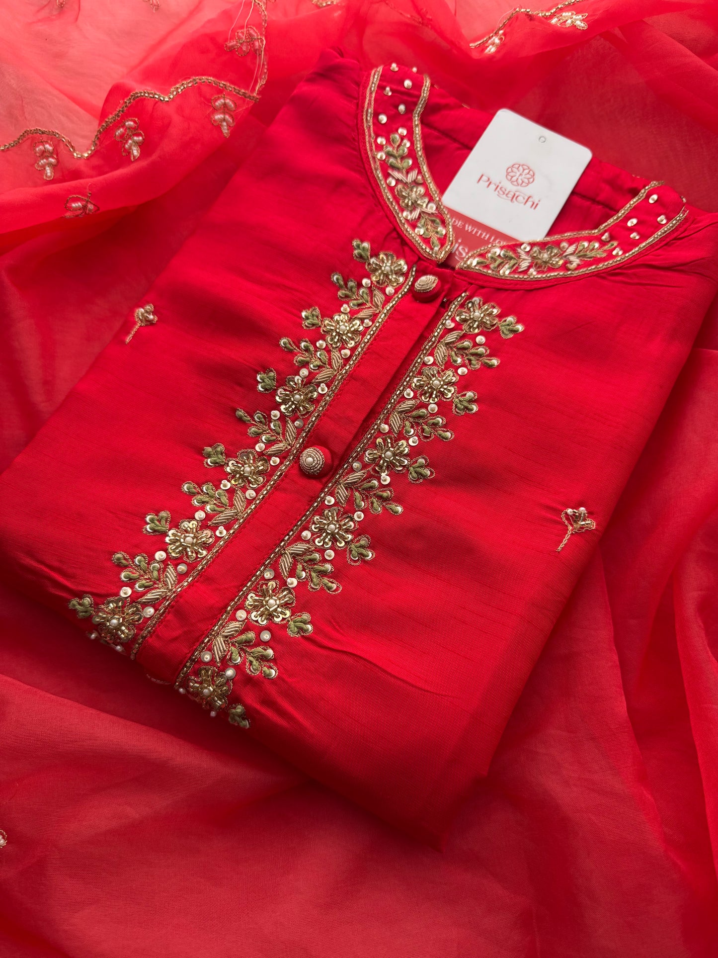 Red Embroidered Ethnic Kurta Set for Women with Pants & Dupatta