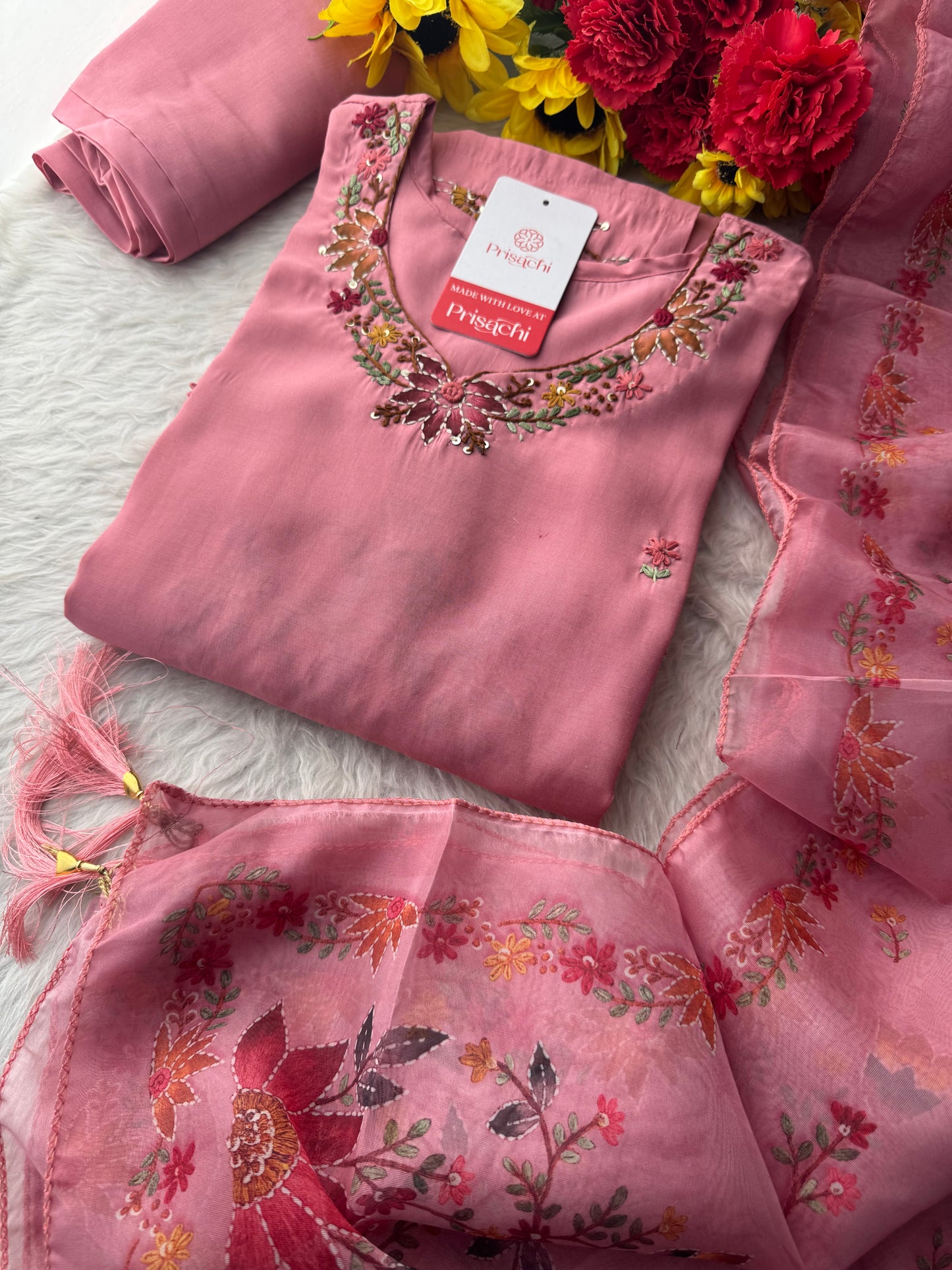 Pink Thread Embroidered Floral Printed Designer Ethnic Kurta Set with Pants & Dupatta - Prisachi Official