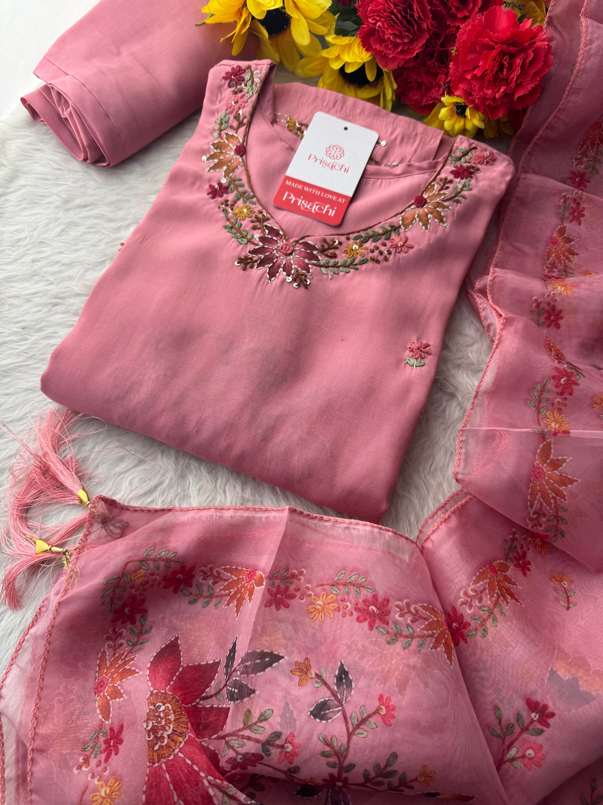 Pink Thread Embroidered Floral Printed Designer Ethnic Kurta Set with Pants & Dupatta - Prisachi Official