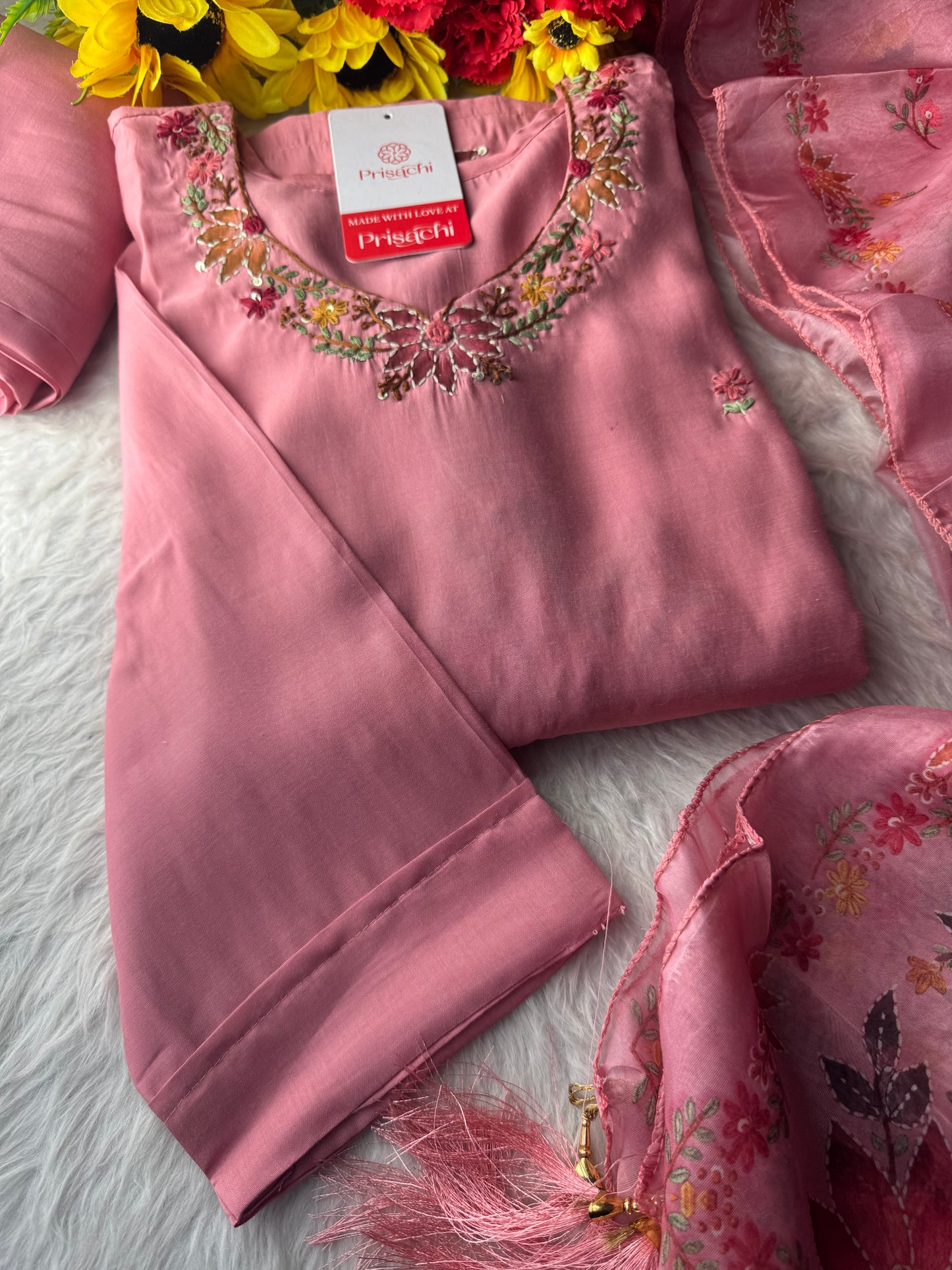 Pink Thread Embroidered Floral Printed Designer Ethnic Kurta Set with Pants & Dupatta - Prisachi Official
