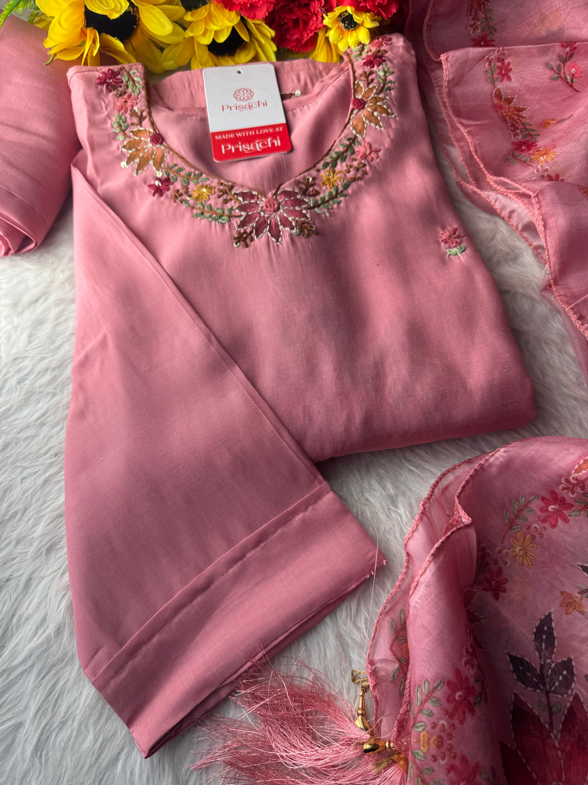 Pink Thread Embroidered Floral Printed Designer Ethnic Kurta Set with Pants & Dupatta - Prisachi Official