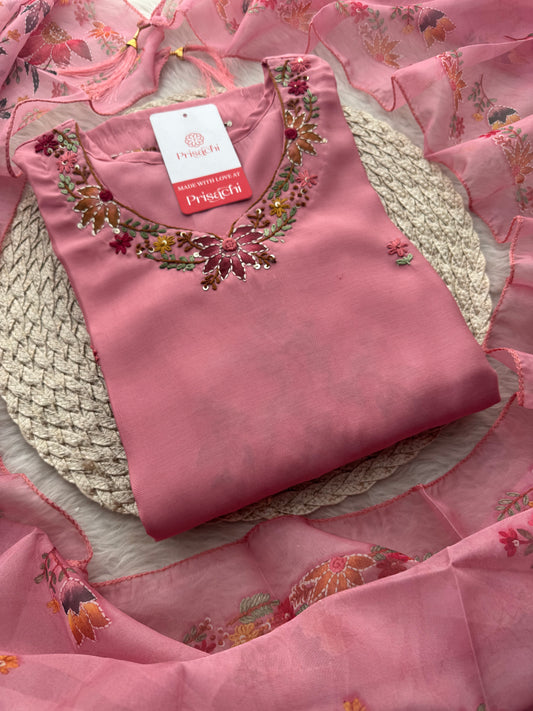 Pink Thread Embroidered Floral Printed Designer Ethnic Kurta Set with Pants & Dupatta - Prisachi Official