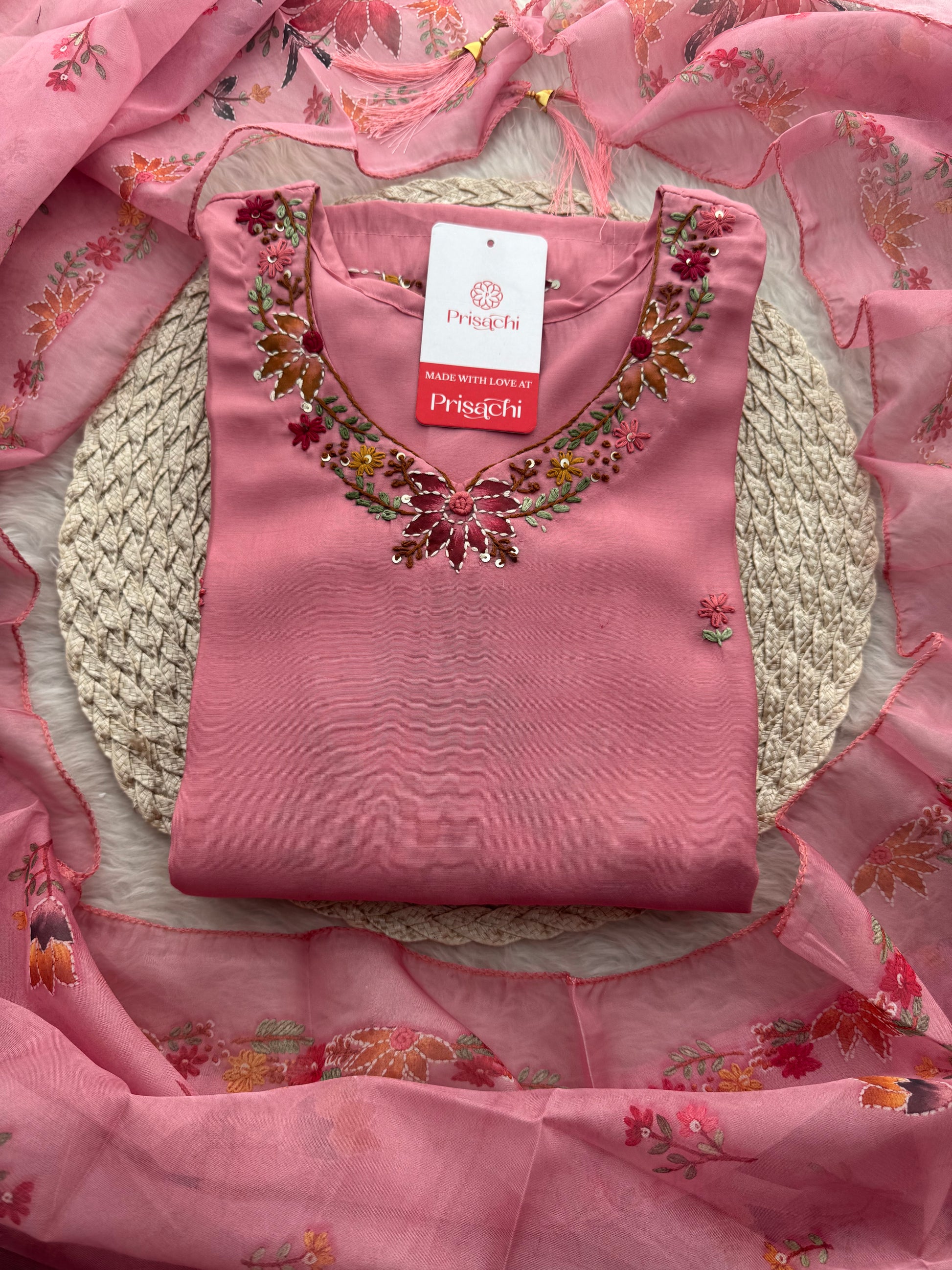 Pink Thread Embroidered Floral Printed Designer Ethnic Kurta Set with Pants & Dupatta - Prisachi Official