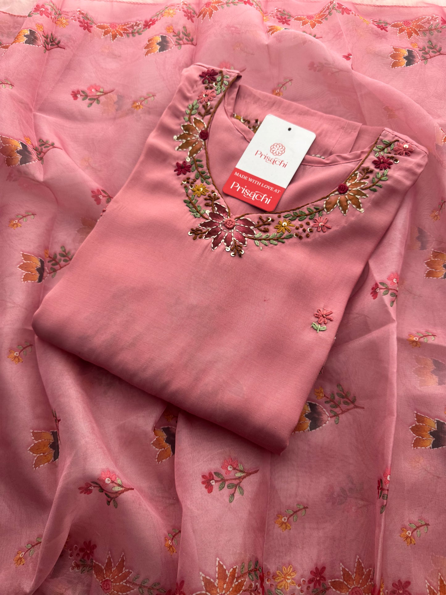 Pink Thread Embroidered Floral Printed Designer Ethnic Kurta Set with Pants & Dupatta - Prisachi Official