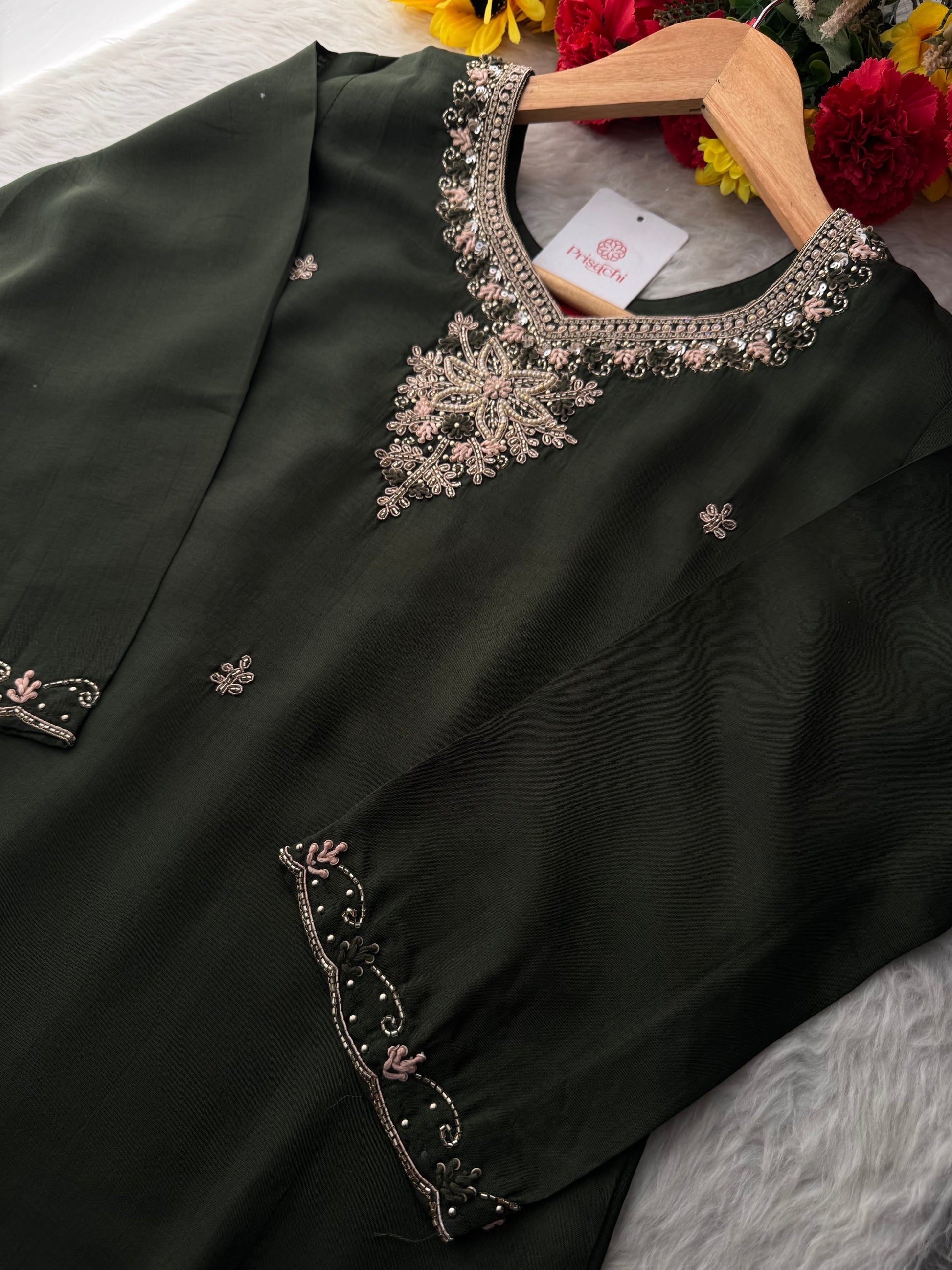 Dark Green Hand Embroidered Designer Ethnic Kurta Set with Pants & Dupatta - Prisachi Official
