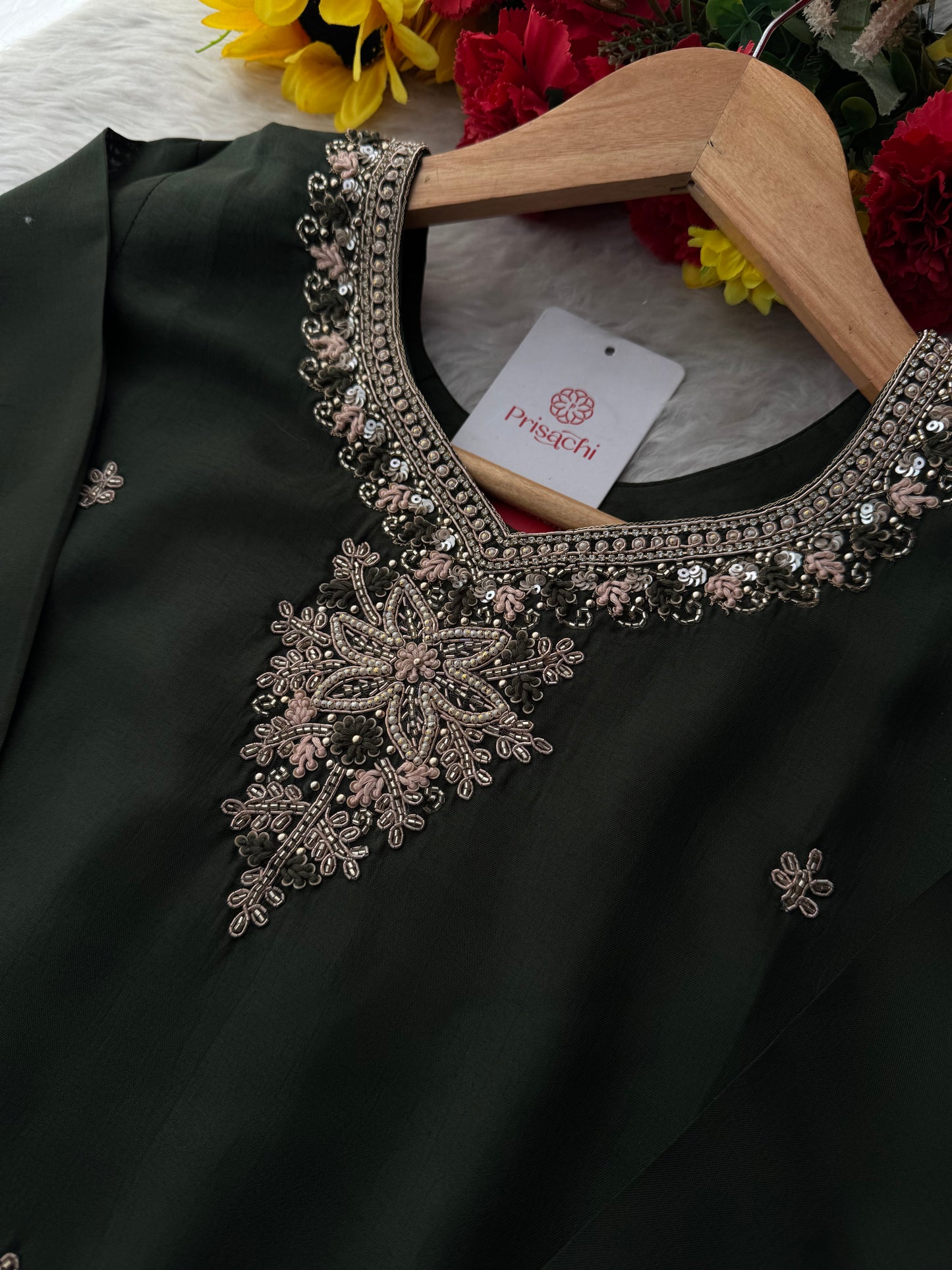 Dark Green Hand Embroidered Designer Ethnic Kurta Set with Pants & Dupatta - Prisachi Official