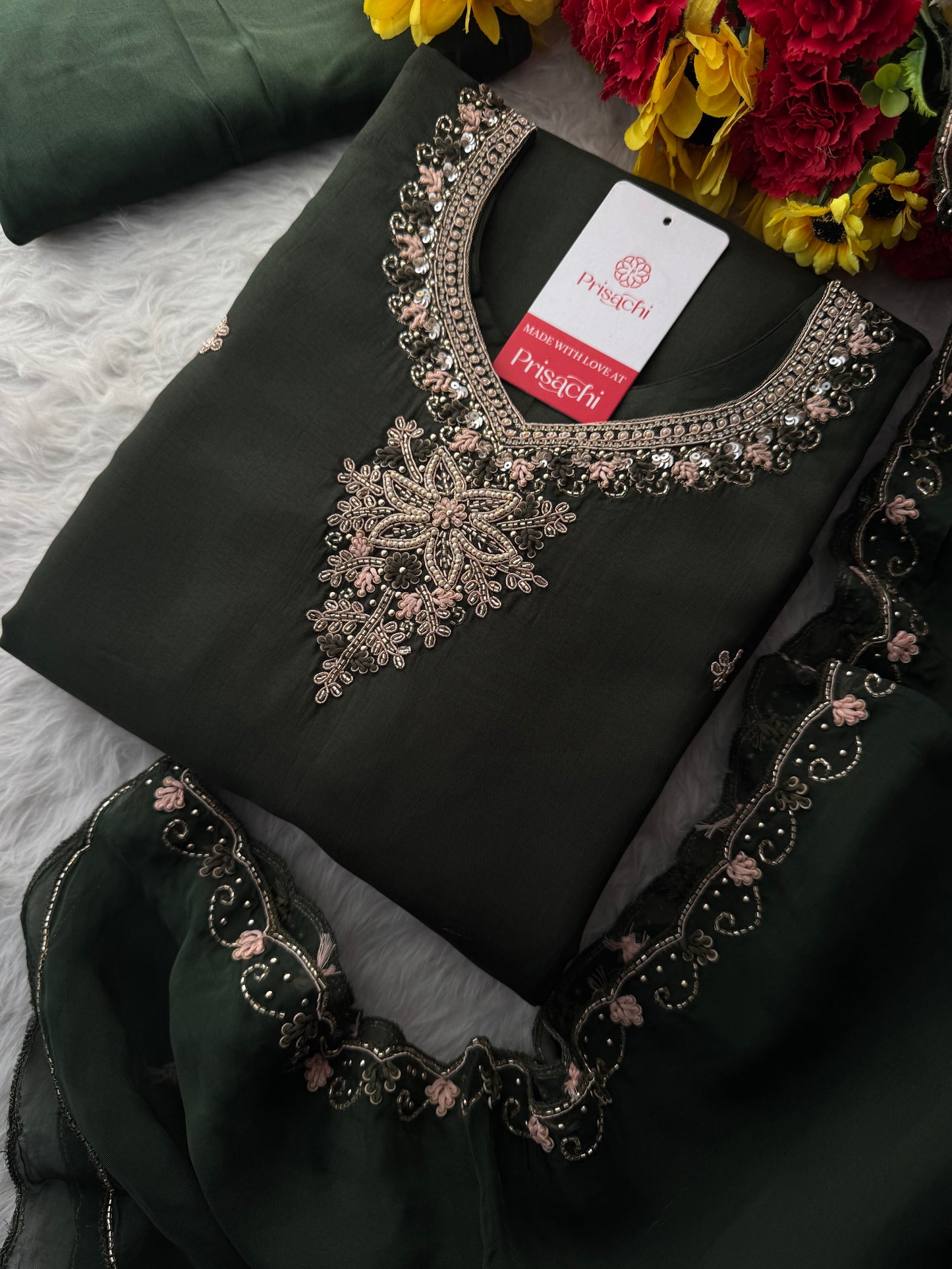 Dark Green Hand Embroidered Designer Ethnic Kurta Set with Pants & Dupatta - Prisachi Official