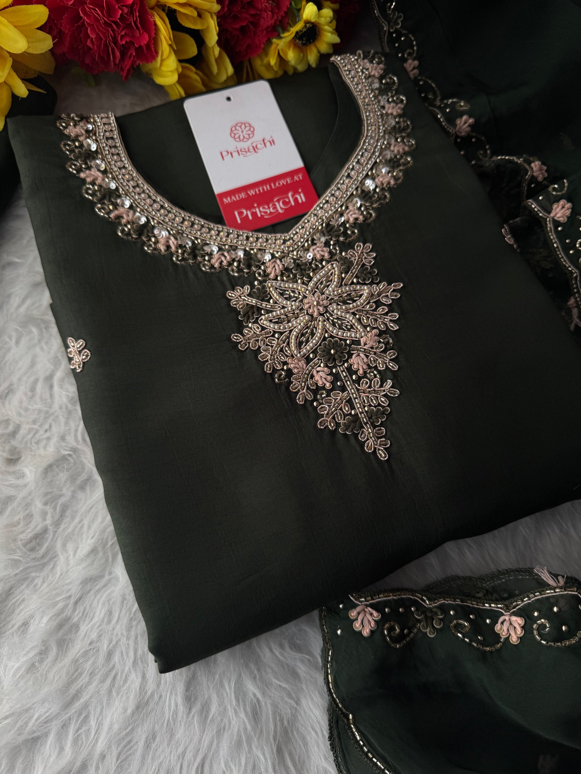 Dark Green Hand Embroidered Designer Ethnic Kurta Set with Pants & Dupatta - Prisachi Official