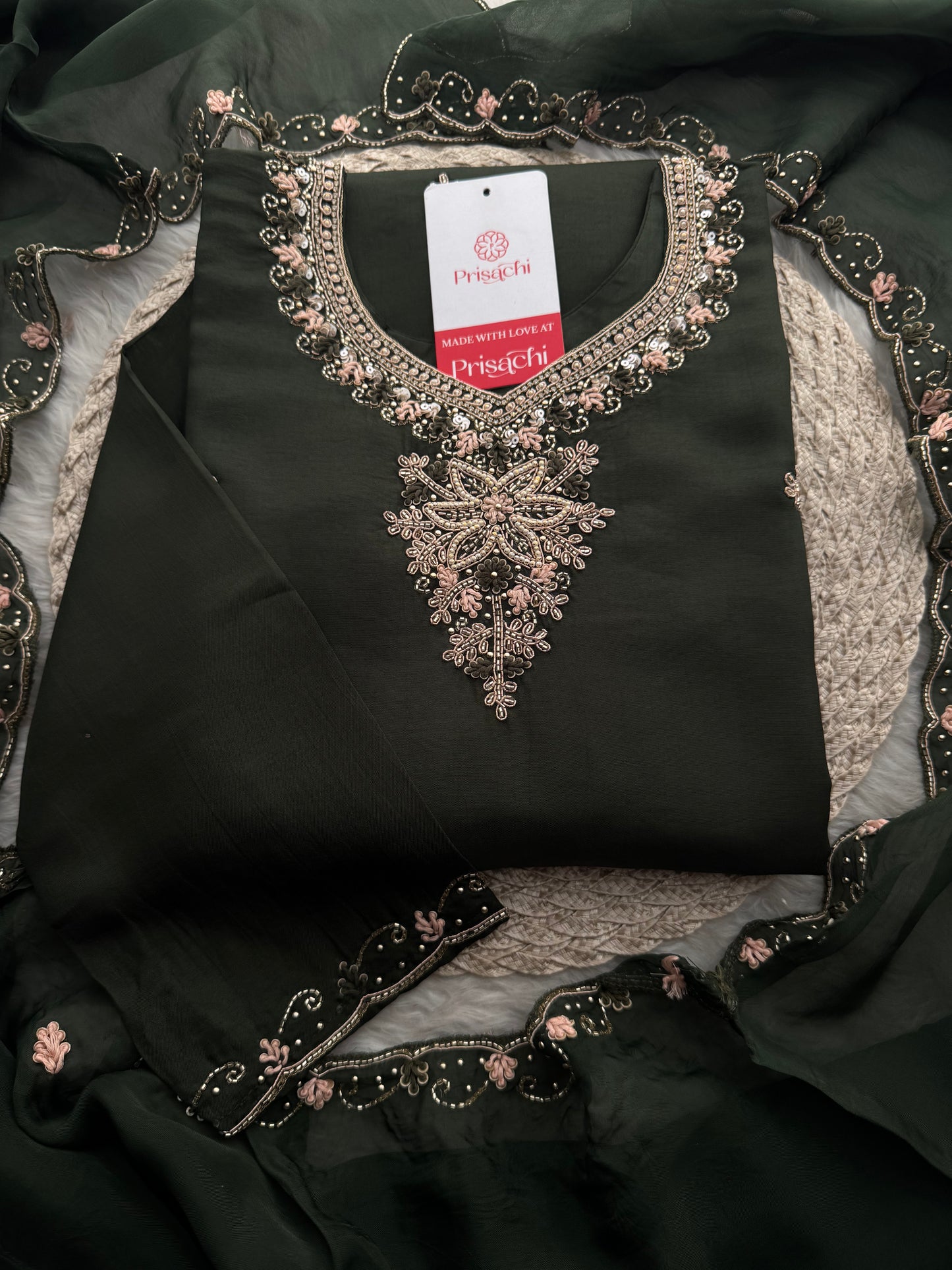 Dark Green Hand Embroidered Designer Ethnic Kurta Set with Pants & Dupatta - Prisachi Official