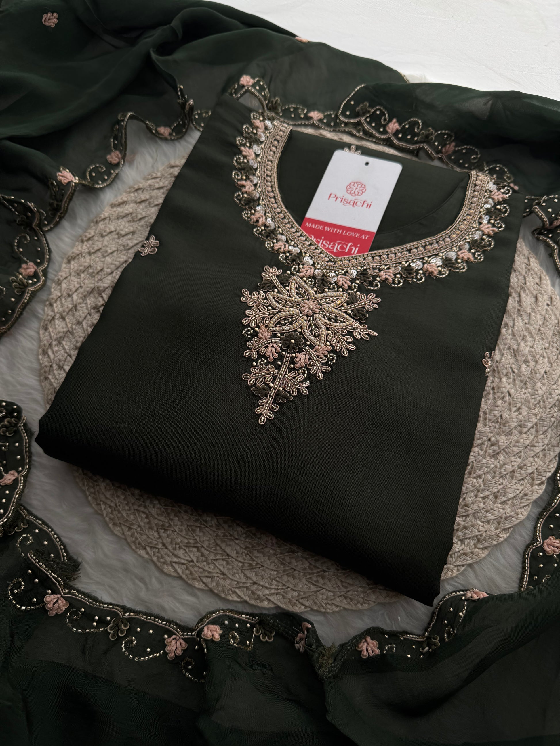 Dark Green Hand Embroidered Designer Ethnic Kurta Set with Pants & Dupatta - Prisachi Official
