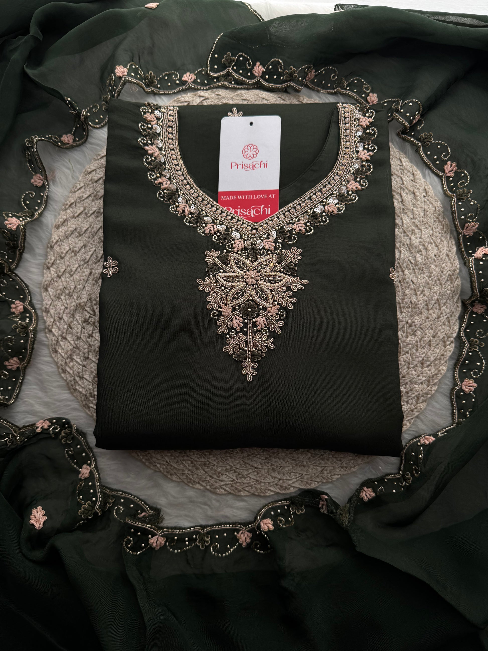 Dark Green Hand Embroidered Designer Ethnic Kurta Set with Pants & Dupatta - Prisachi Official
