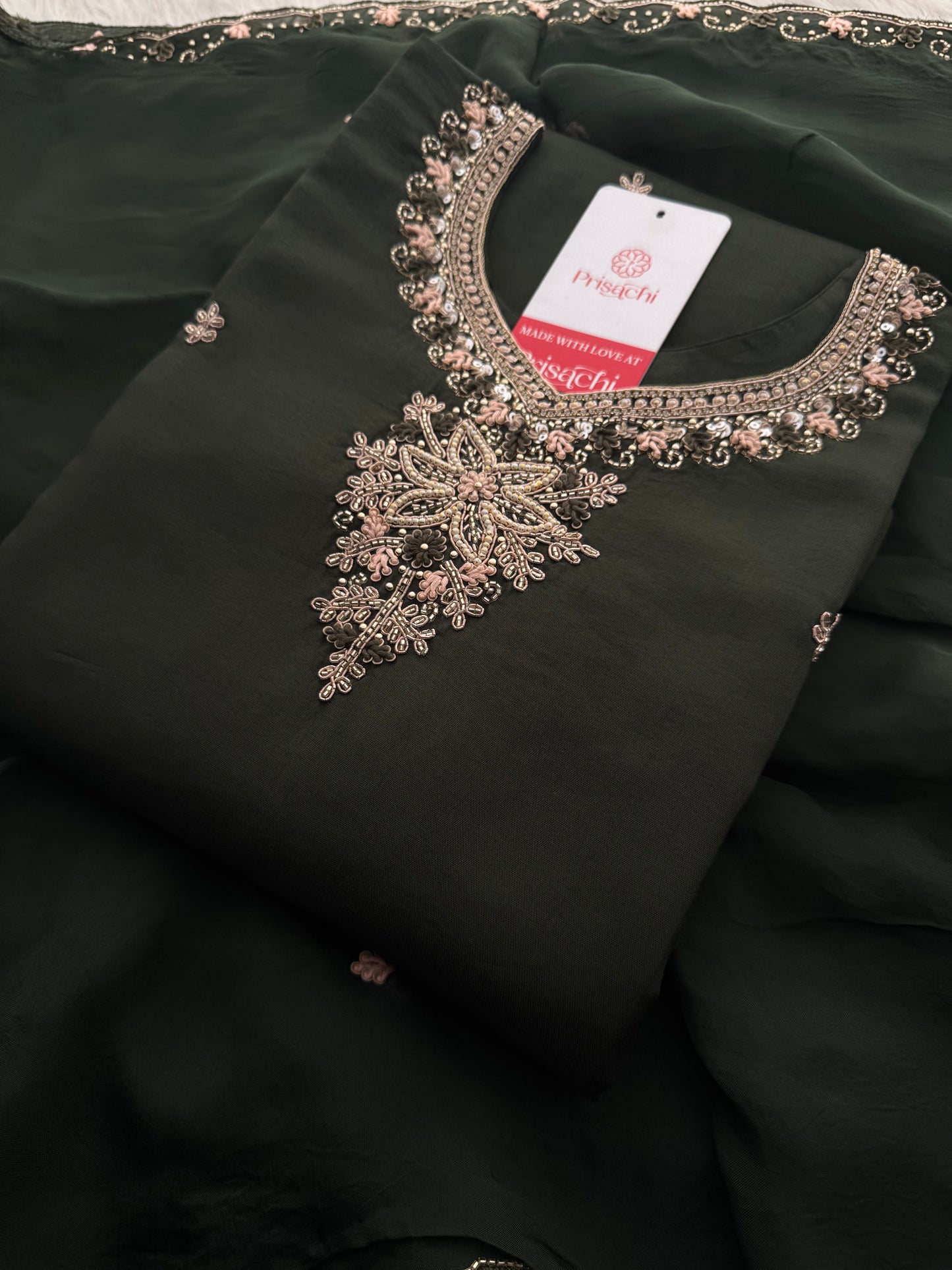 Dark Green Hand Embroidered Designer Ethnic Kurta Set with Pants & Dupatta - Prisachi Official