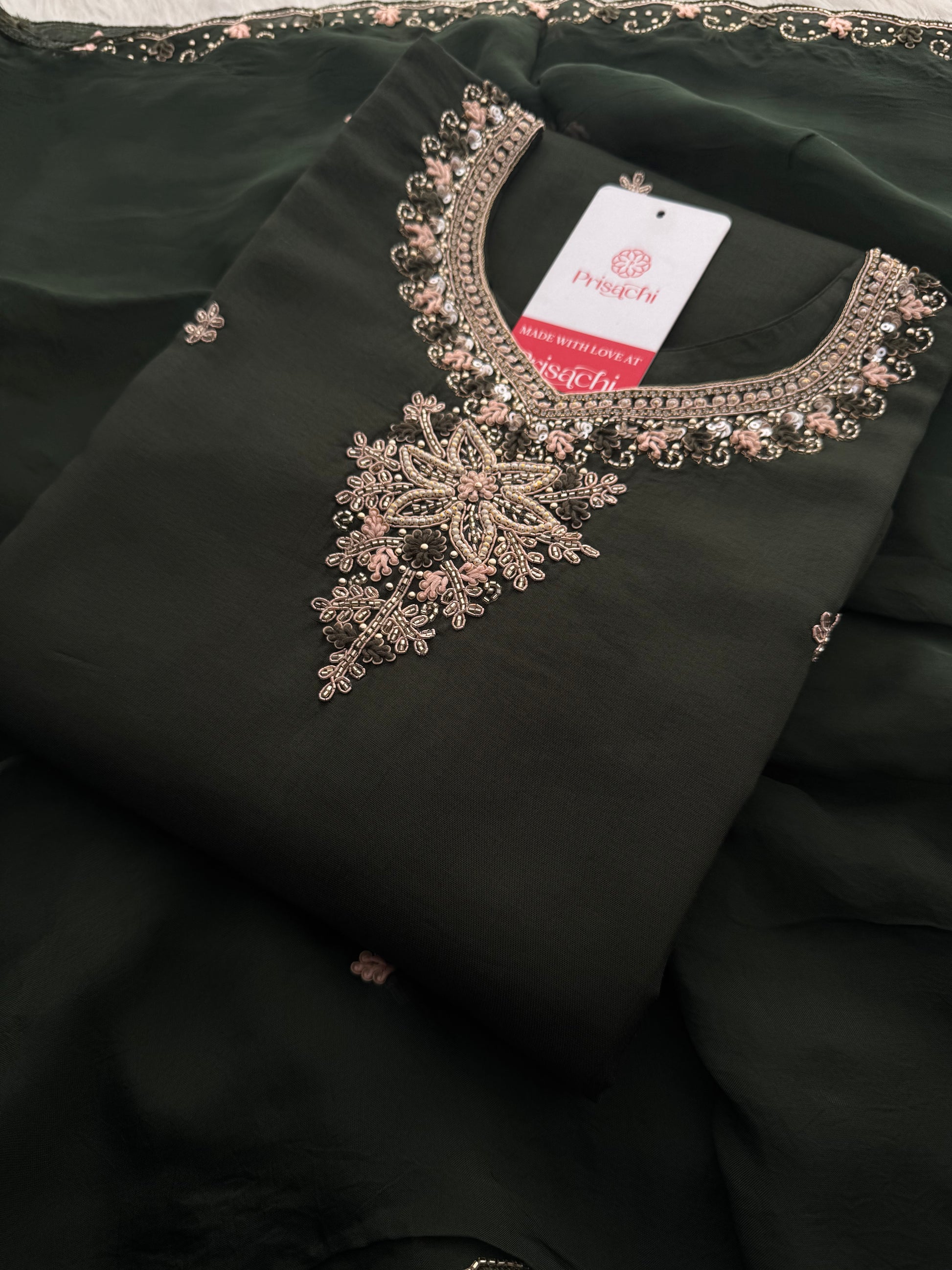 Dark Green Hand Embroidered Designer Ethnic Kurta Set with Pants & Dupatta - Prisachi Official