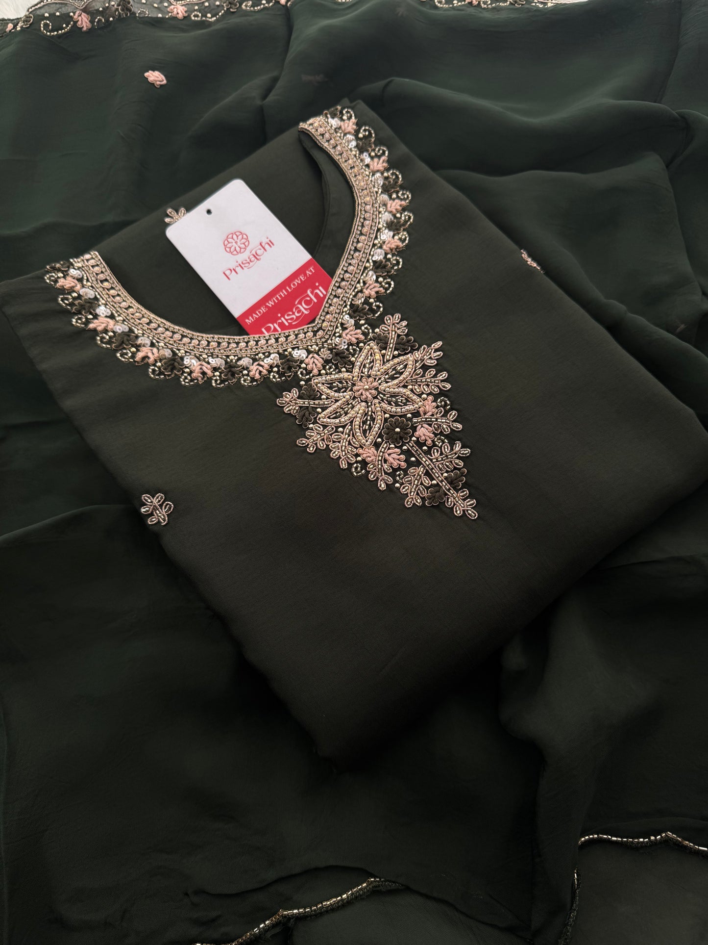 Dark Green Hand Embroidered Designer Ethnic Kurta Set with Pants & Dupatta - Prisachi Official