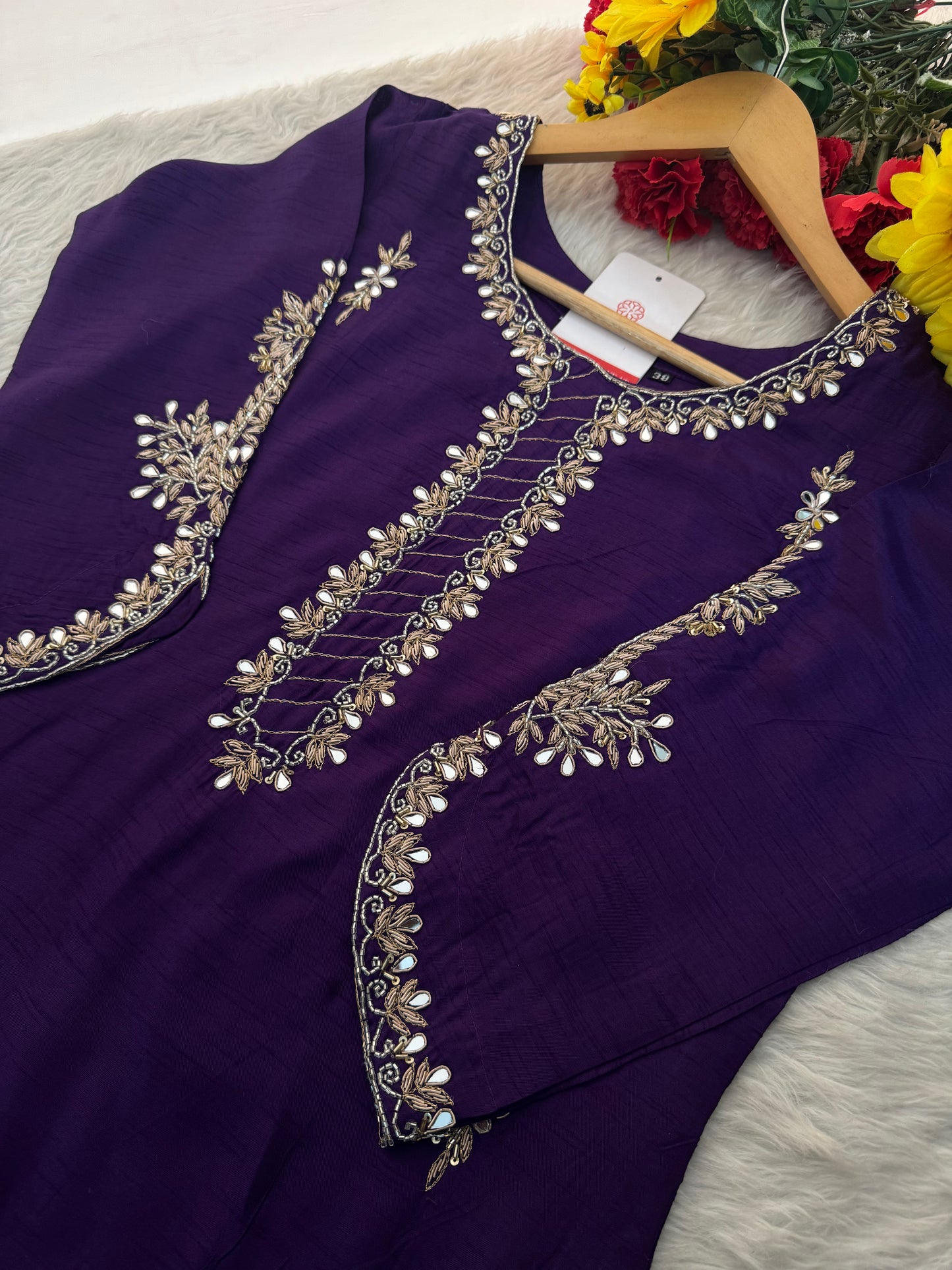 Purple Mirror Work & Zardozi Embroidered Kurta Set with Dupatta & Pants - Prisachi Official