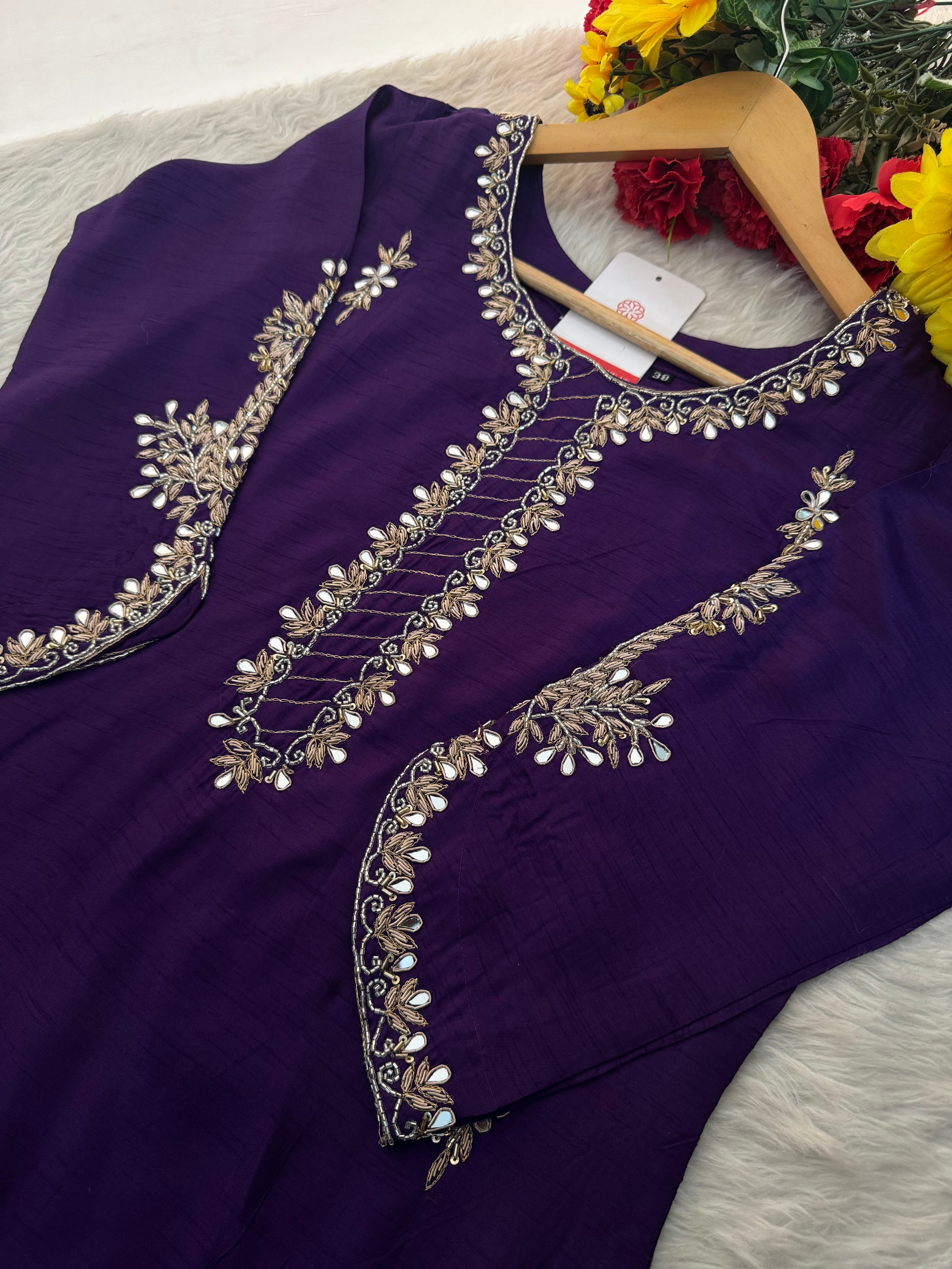 Purple Mirror Work & Zardozi Embroidered Kurta Set with Dupatta & Pants - Prisachi Official