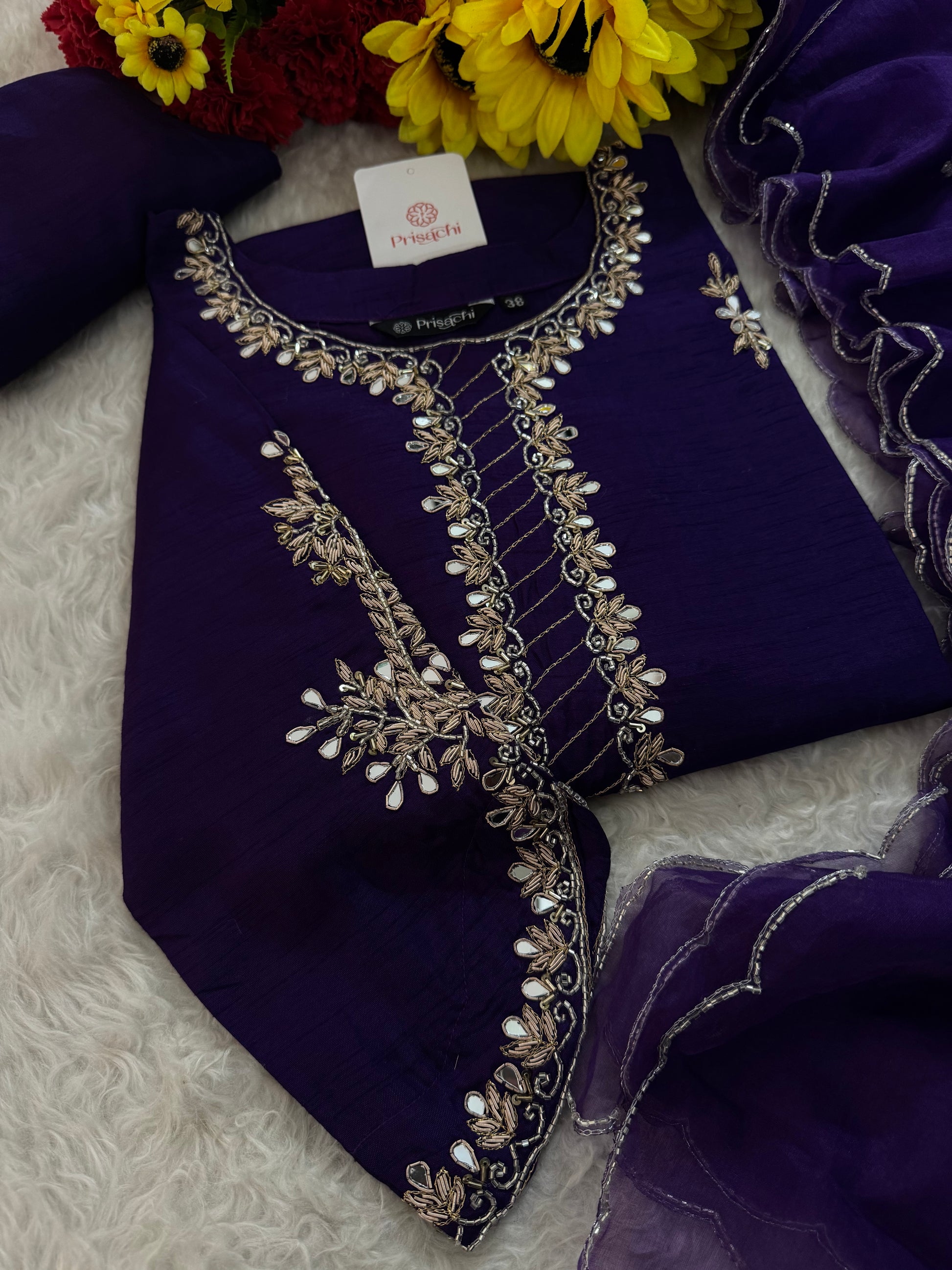 Purple Mirror Work & Zardozi Embroidered Kurta Set with Dupatta & Pants - Prisachi Official