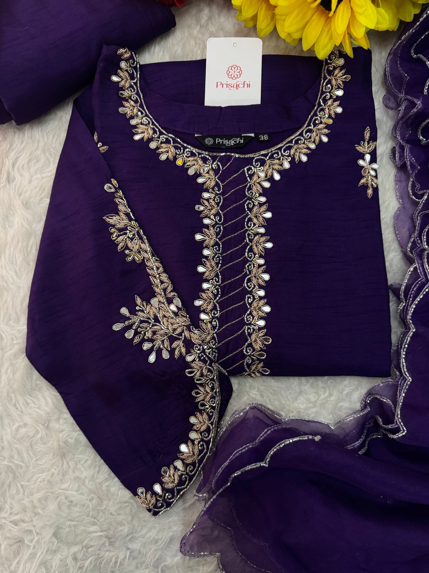 Purple Mirror Work Ethnic Embroidered Kurta Set with Dupatta & Pants - Prisachi Official