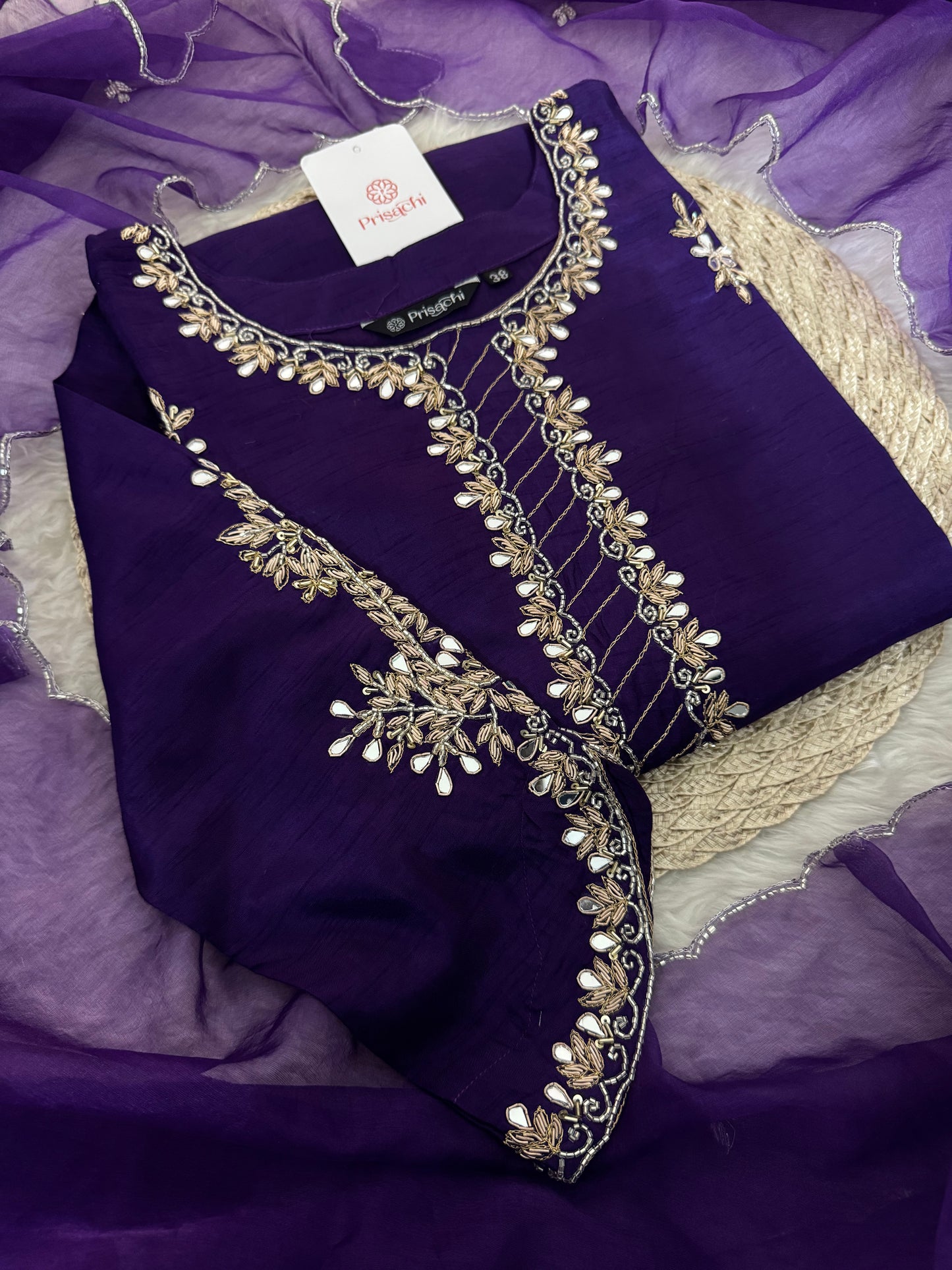 Women’s Mirror Work & Zardozi Embroidered Kurta Set with Dupatta & Pants - Prisachi Official