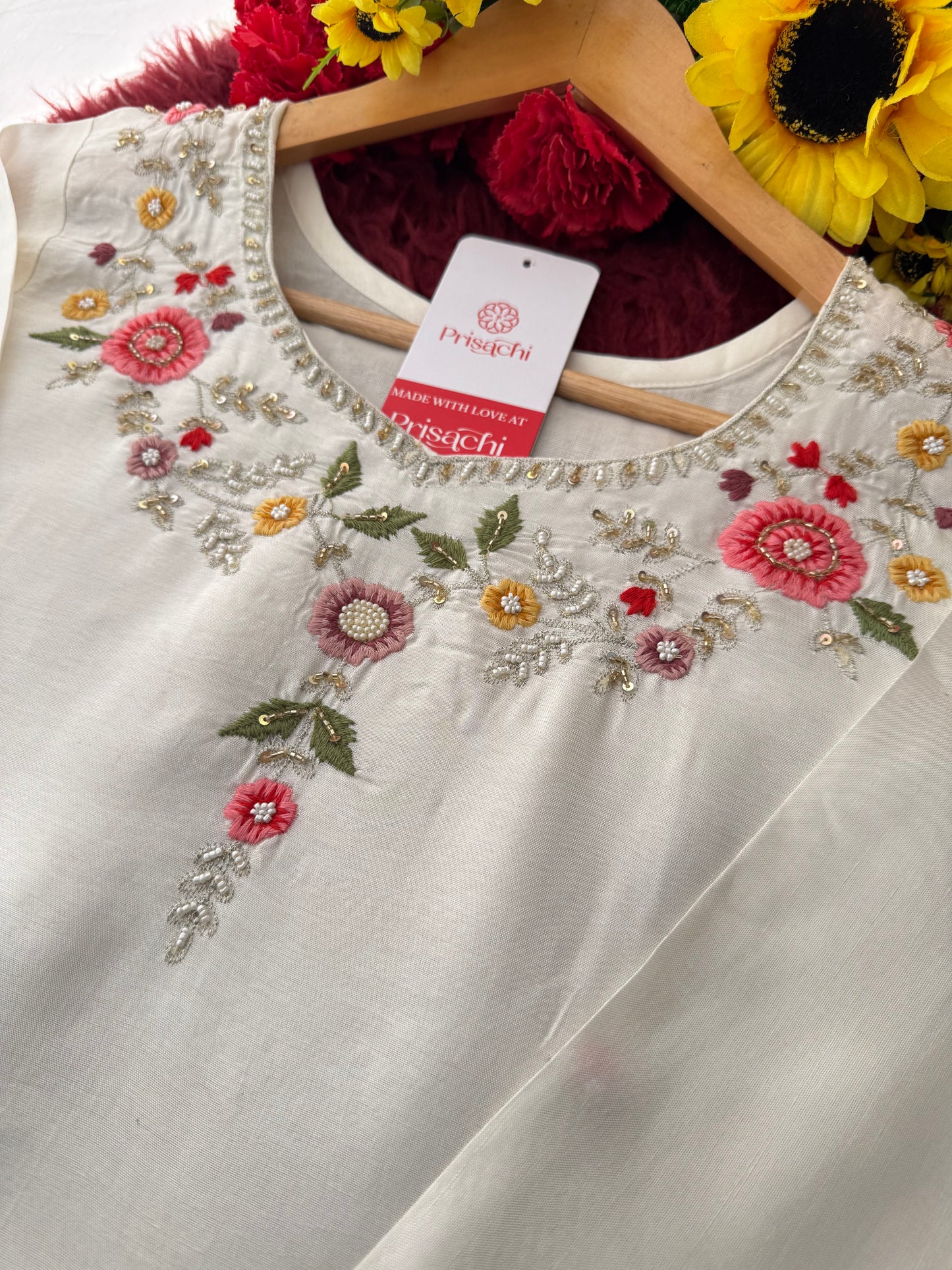 Prisachi Women’s White Floral Thread Embroidered Kurta Set with Dupatta & Pants - Prisachi Official