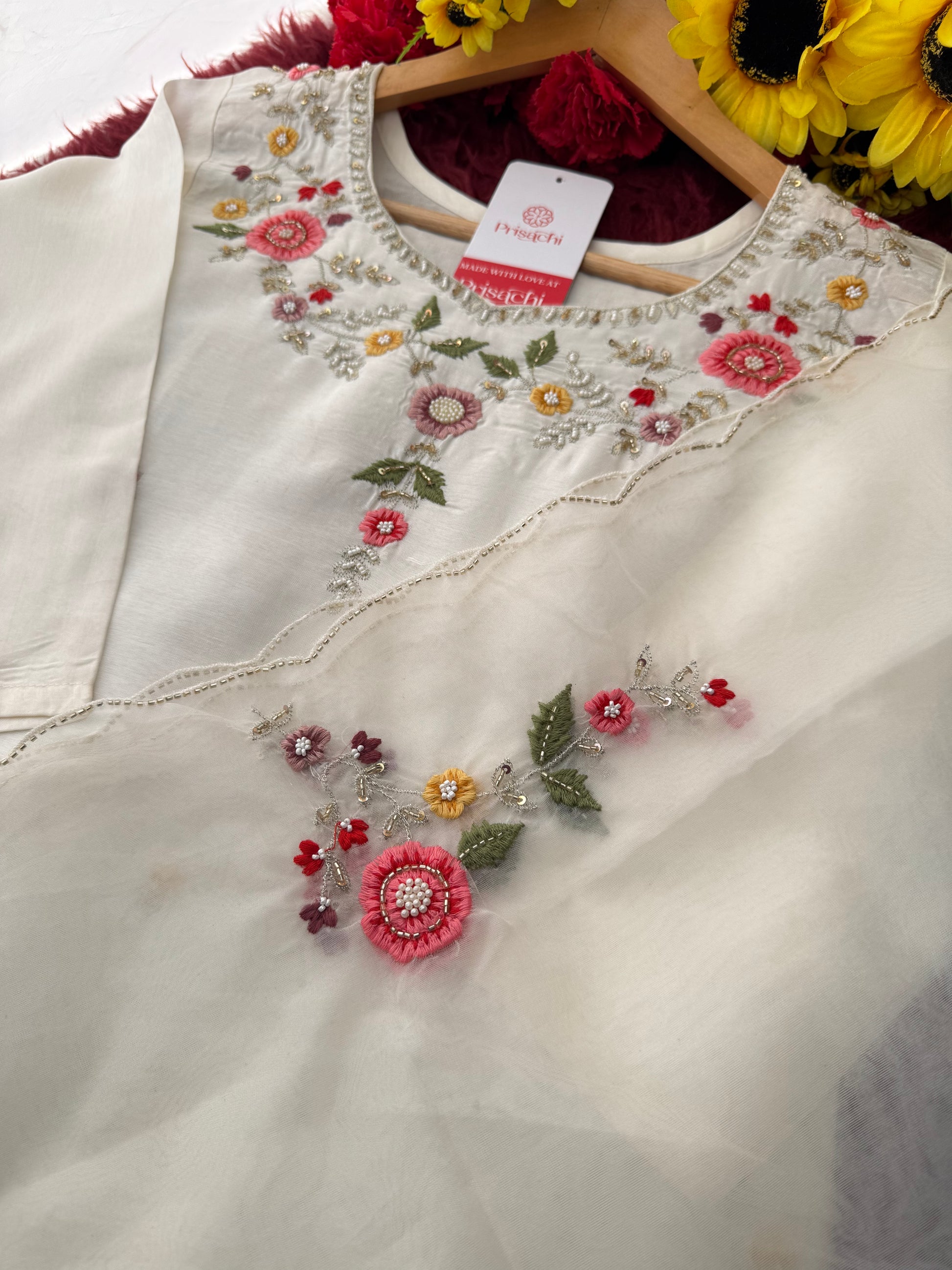 Prisachi Women’s White Floral Thread Embroidered Kurta Set with Dupatta & Pants - Prisachi Official