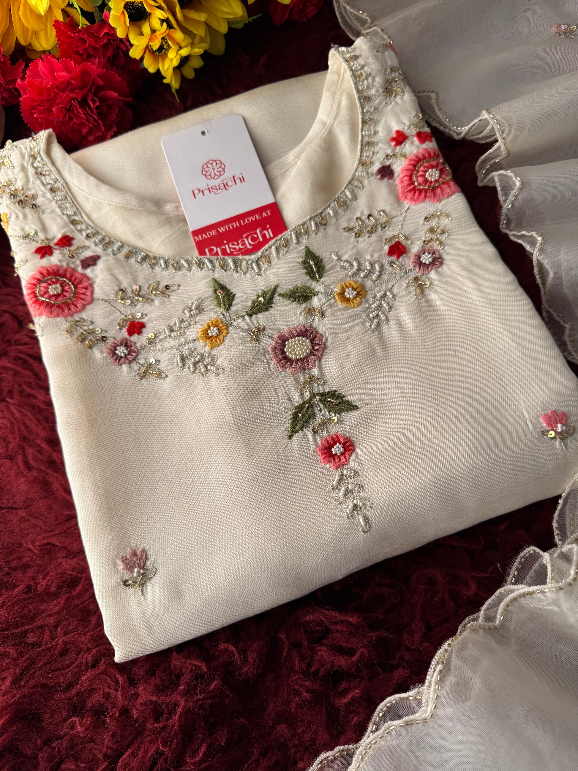 Prisachi Women’s White Floral Thread Embroidered Kurta Set with Dupatta & Pants - Prisachi Official