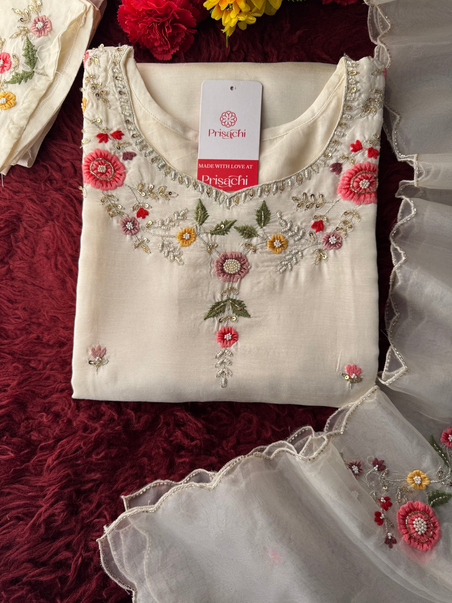 Prisachi Women’s White Floral Thread Embroidered Kurta Set with Dupatta & Pants - Prisachi Official