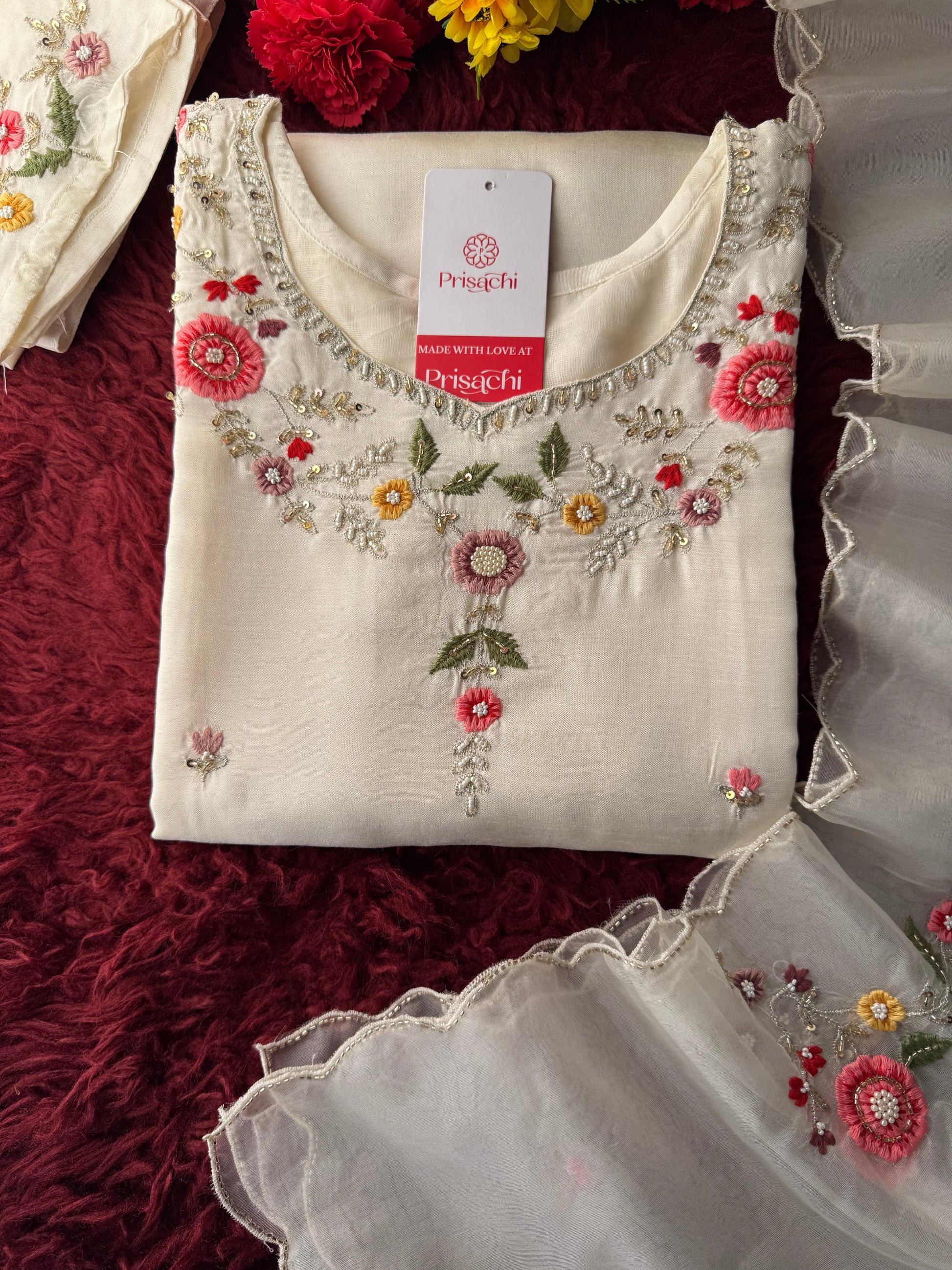 Prisachi Women’s White Floral Thread Embroidered Kurta Set with Dupatta & Pants - Prisachi Official