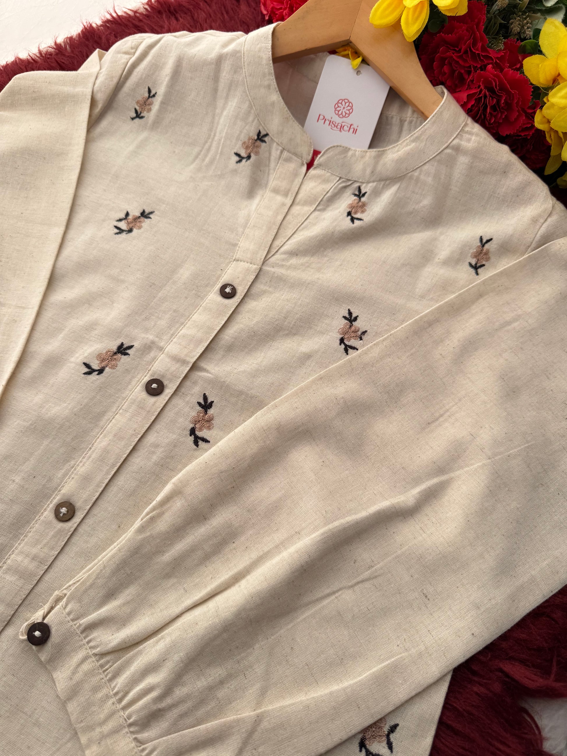 Off White Short Kurti for Women with Mandarin Collar & Floral Thread Embroidery - Prisachi Official