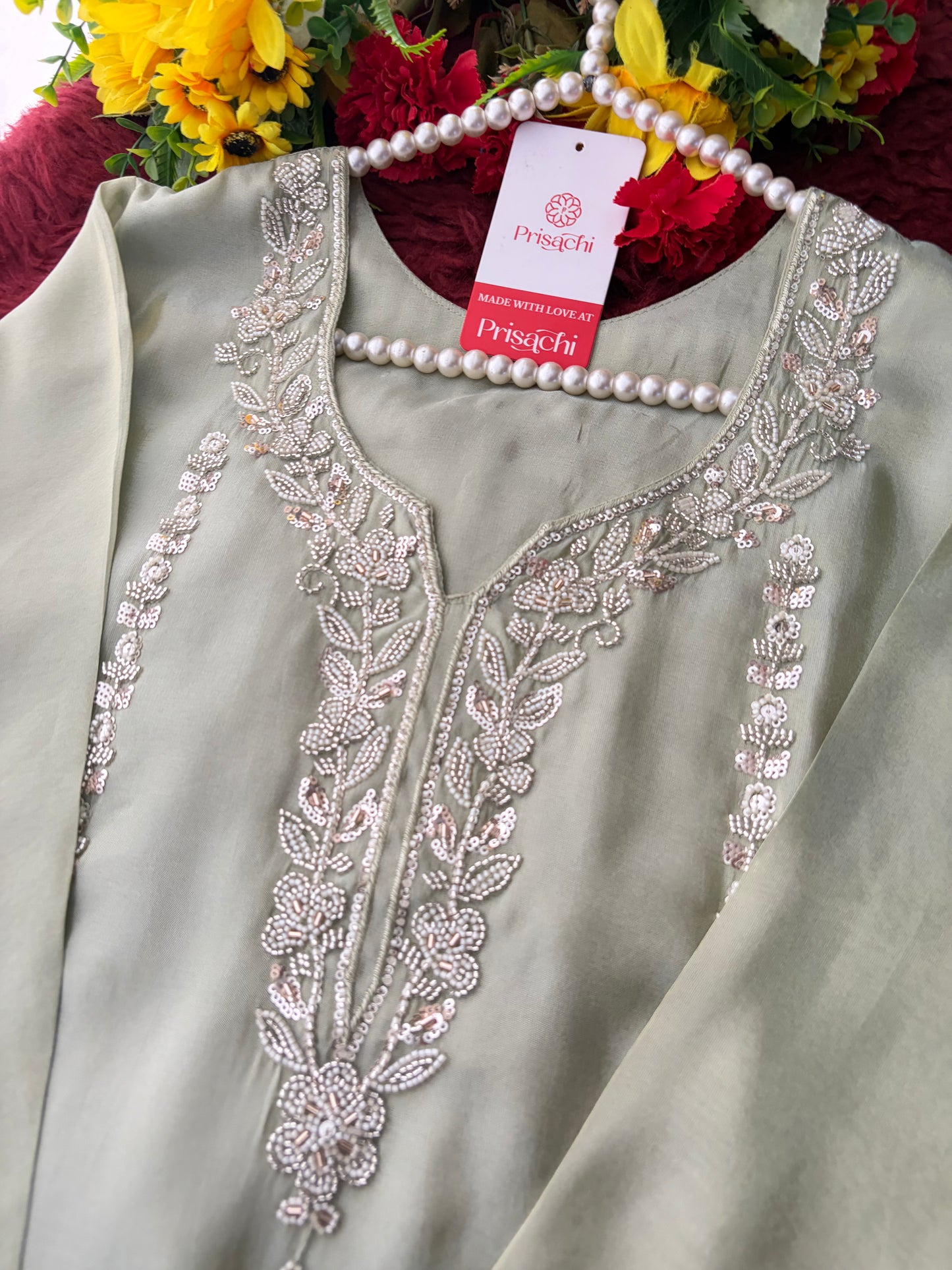 Sage Green Embroidered Kurta Set with Wide-Leg Pants & Dupatta | Festive & Party Wear Ethnic Sharara Set