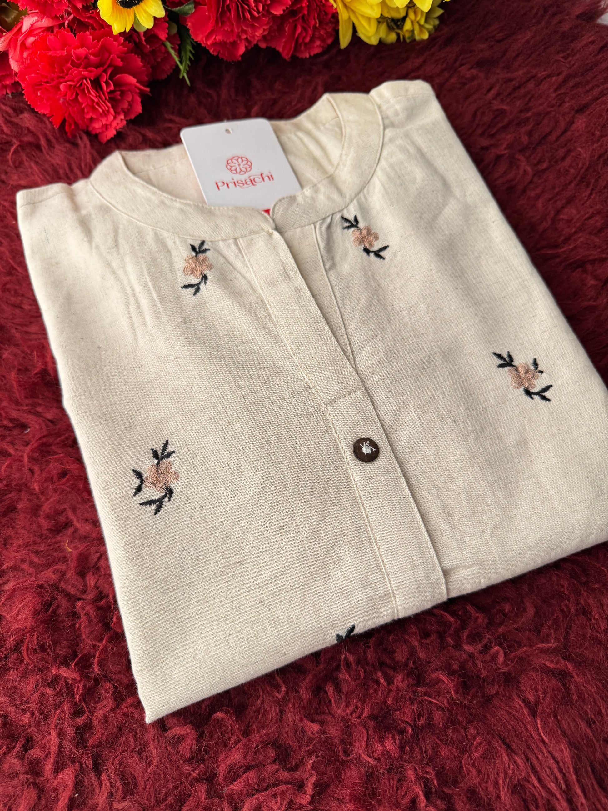 Off White Short Kurti for Women with Mandarin Collar & Floral Thread Embroidery - Prisachi Official