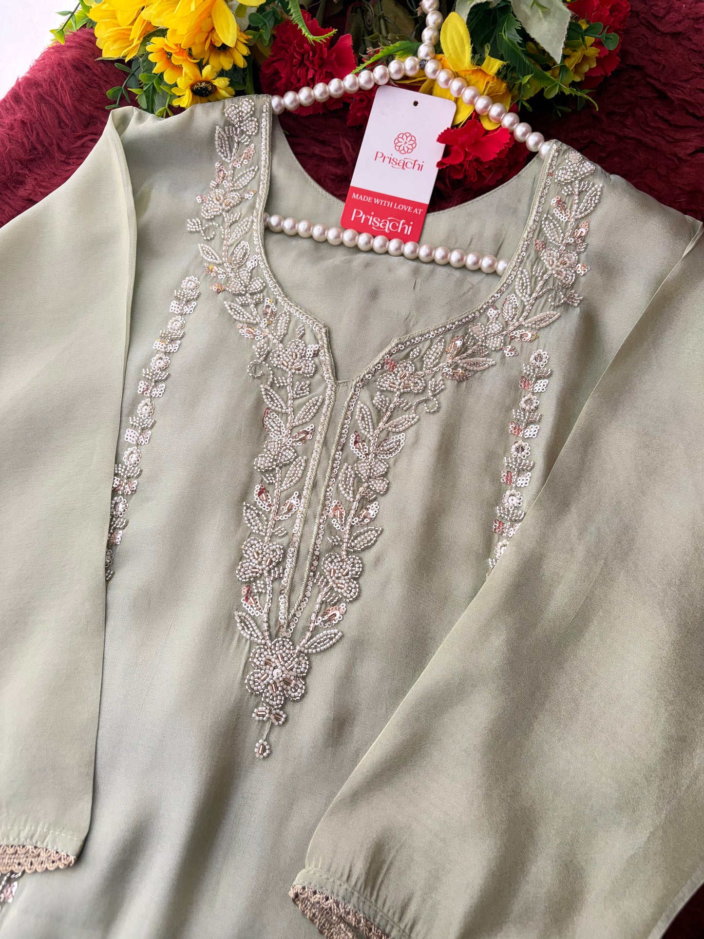 Sage Green Embroidered Kurta Set with Wide-Leg Pants & Dupatta | Festive & Party Wear Ethnic Sharara Set