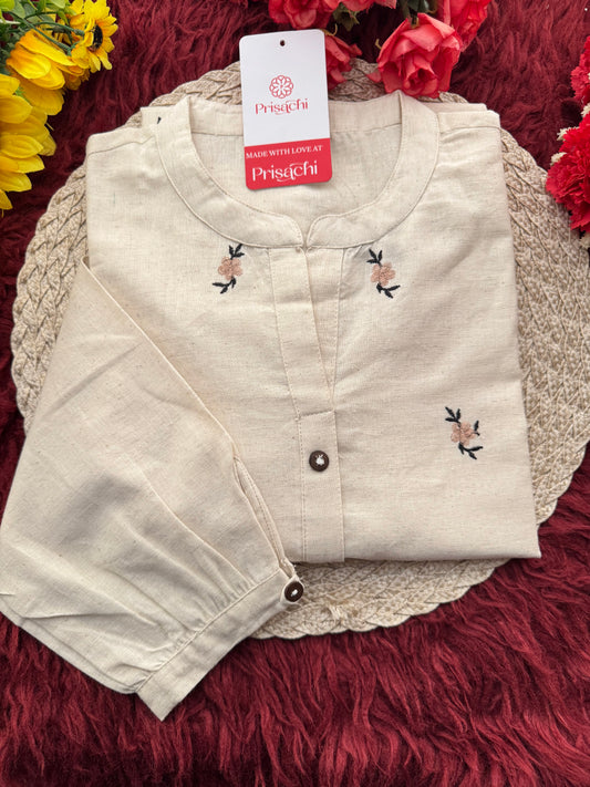 Off White Short Kurti for Women with Mandarin Collar & Floral Thread Embroidery