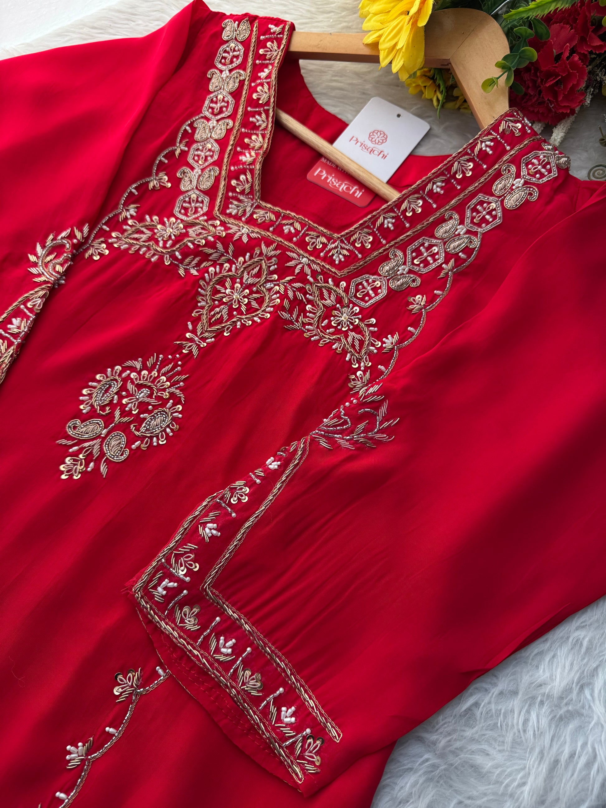 Women’s Red Embroidered Sharara Suit Set with Dupatta | Festive & Wedding Ethnic Wear - Prisachi Official