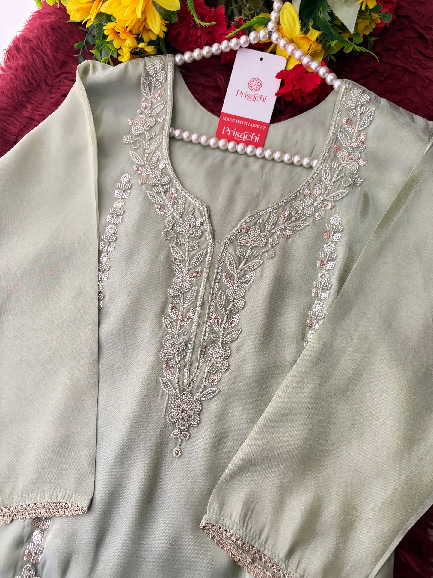 Sage Green Embroidered Kurta Set with Wide-Leg Pants & Dupatta | Festive & Party Wear Ethnic Sharara Set