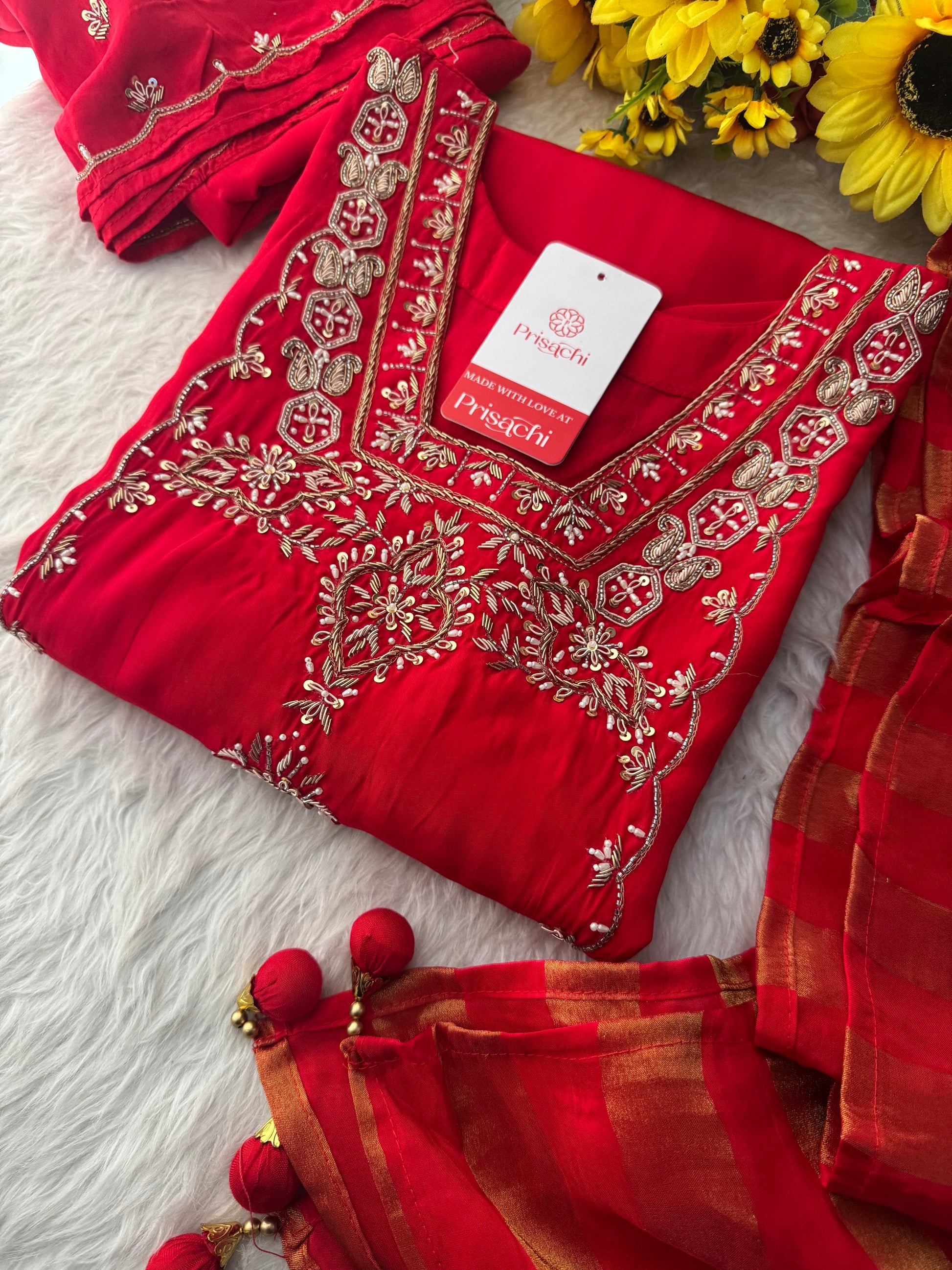 Women’s Red Embroidered Sharara Suit Set with Dupatta | Festive & Wedding Ethnic Wear - Prisachi Official