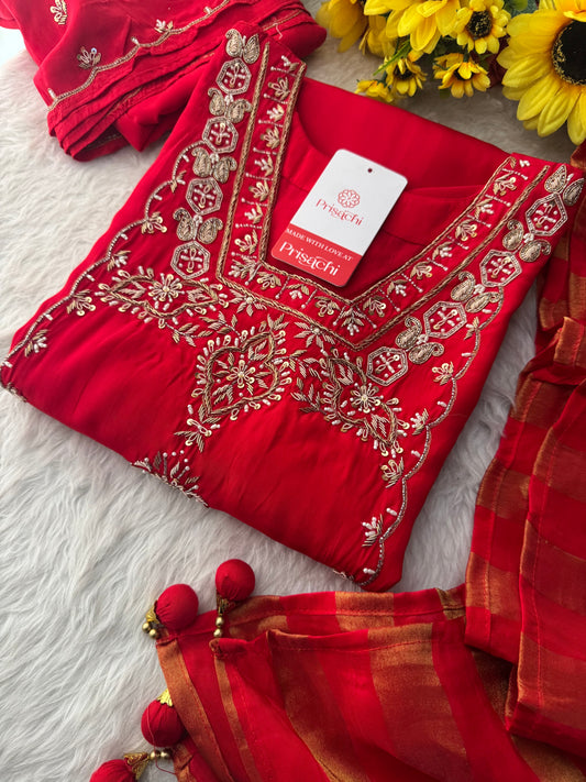 Women’s Red Embroidered Sharara Suit Set with Dupatta | Festive & Wedding Ethnic Wear - Prisachi Official