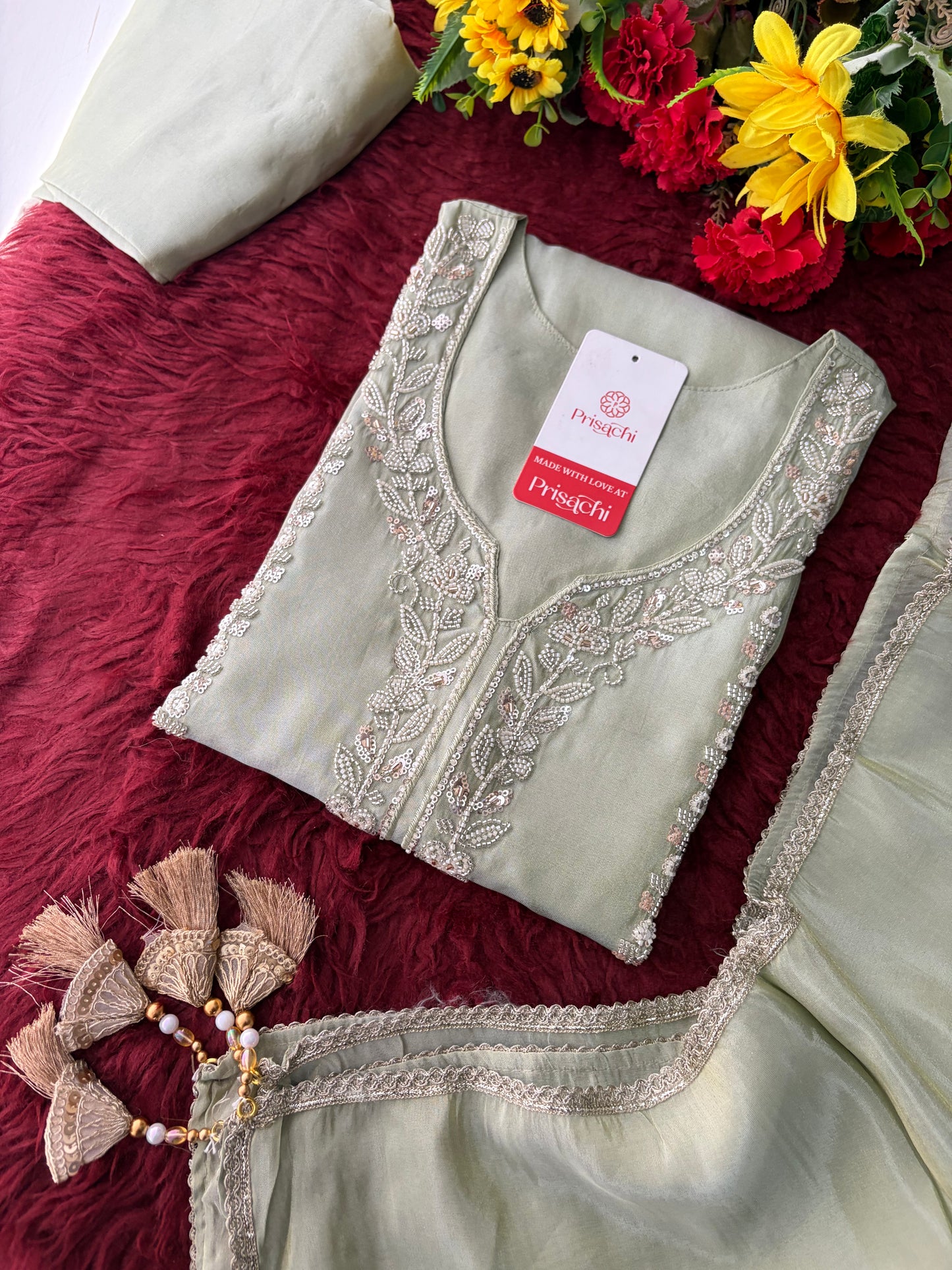 Sage Green Embroidered Kurta Set with Wide-Leg Pants & Dupatta | Festive & Party Wear Ethnic Sharara Set