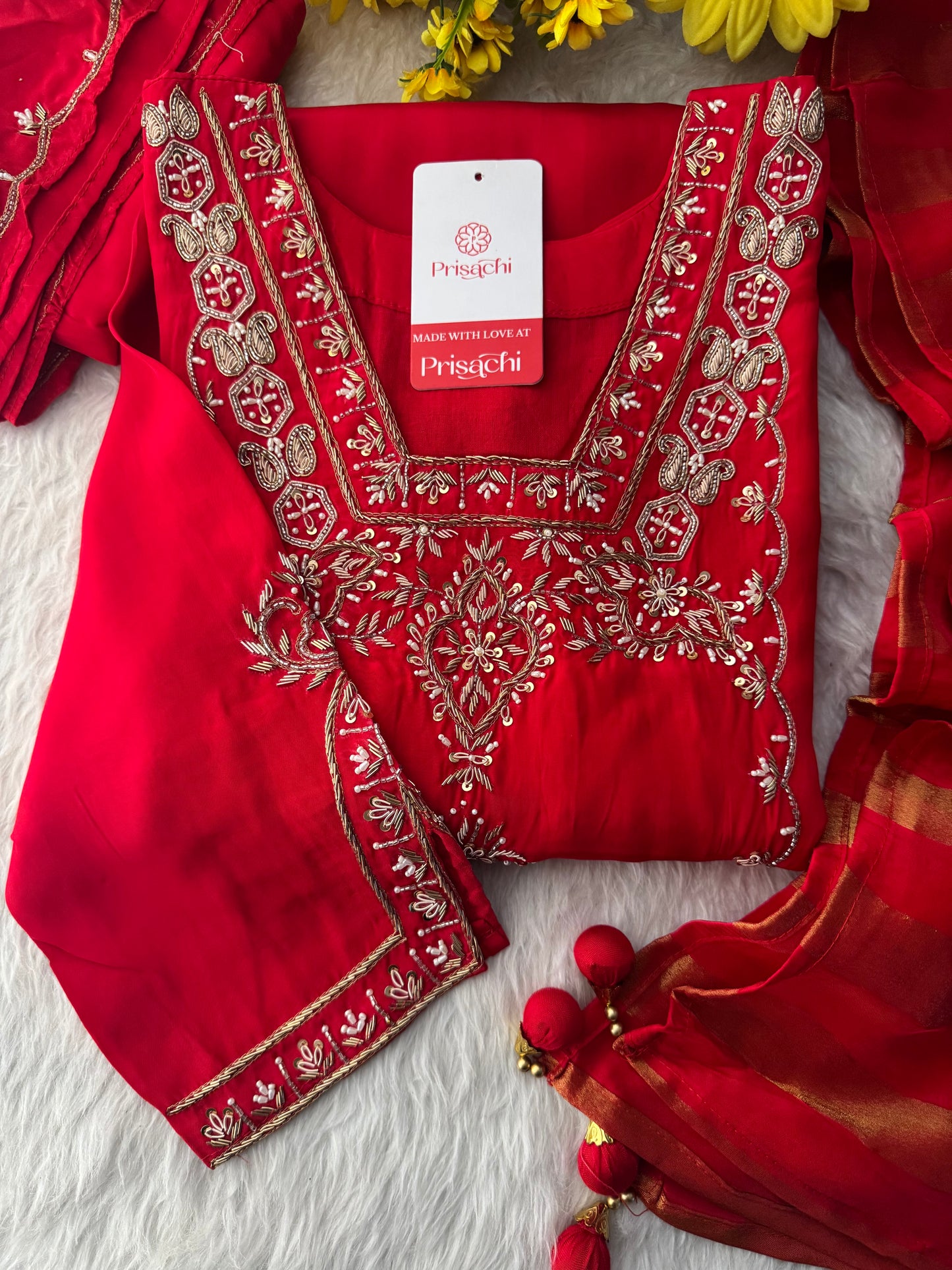 Women’s Red Embroidered Sharara Suit Set with Dupatta | Festive & Wedding Ethnic Wear - Prisachi Official