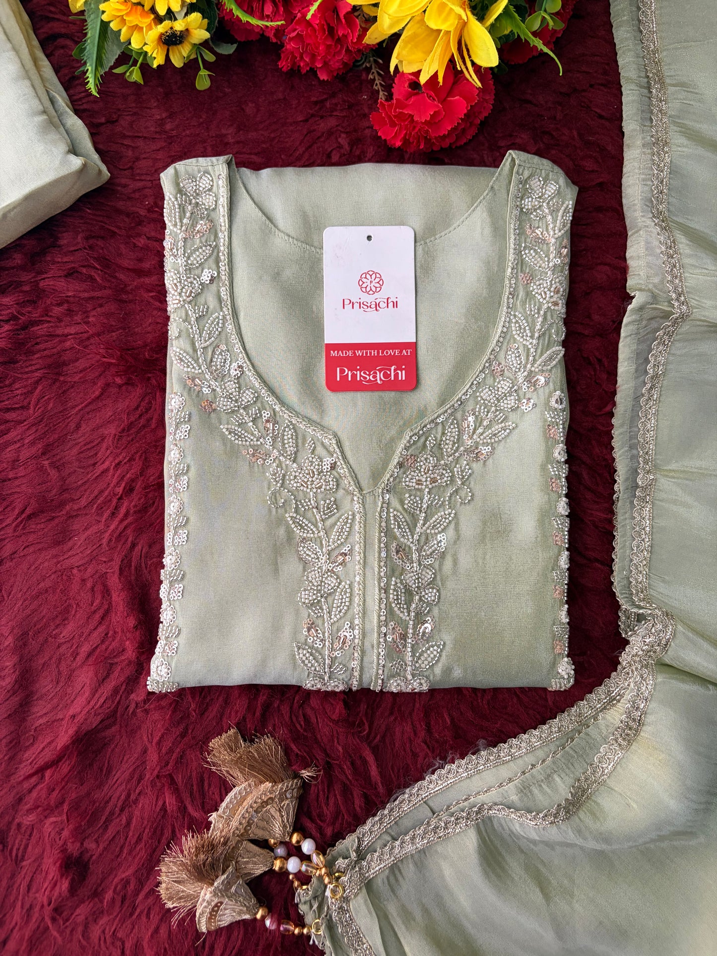 Sage Green Embroidered Kurta Set with Wide-Leg Pants & Dupatta | Festive & Party Wear Ethnic Sharara Set